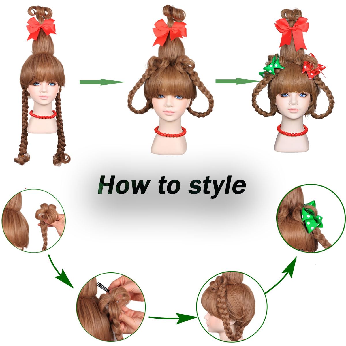 Brown Braided Kids Costume Wig with Red & Green Polka Dot Bows & Beaded Necklace - Perfect for Christmas Parties, Halloween Dress Up, Cosplay & School Plays
