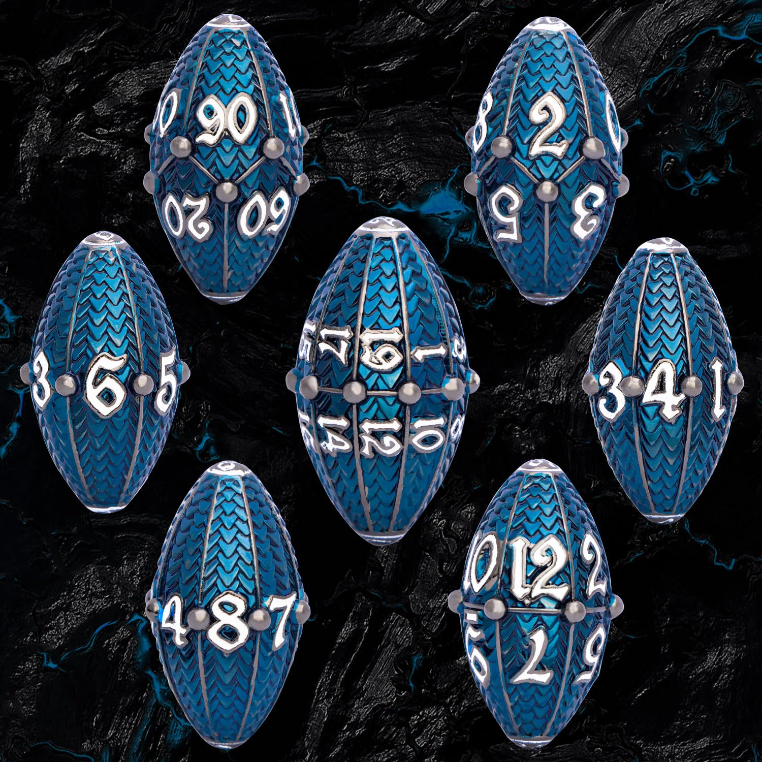 Premium ARUOHHA DND Metal Dice Set - Black & Blue Dragon Egg Design with Rotating Shell for Dungeons & Dragons RPG | Polyhedral Dice (D20, D12, D10, D8, D6, D4) | Perfect for Tabletop Gaming, D&D Campaigns & Fantasy Roleplaying