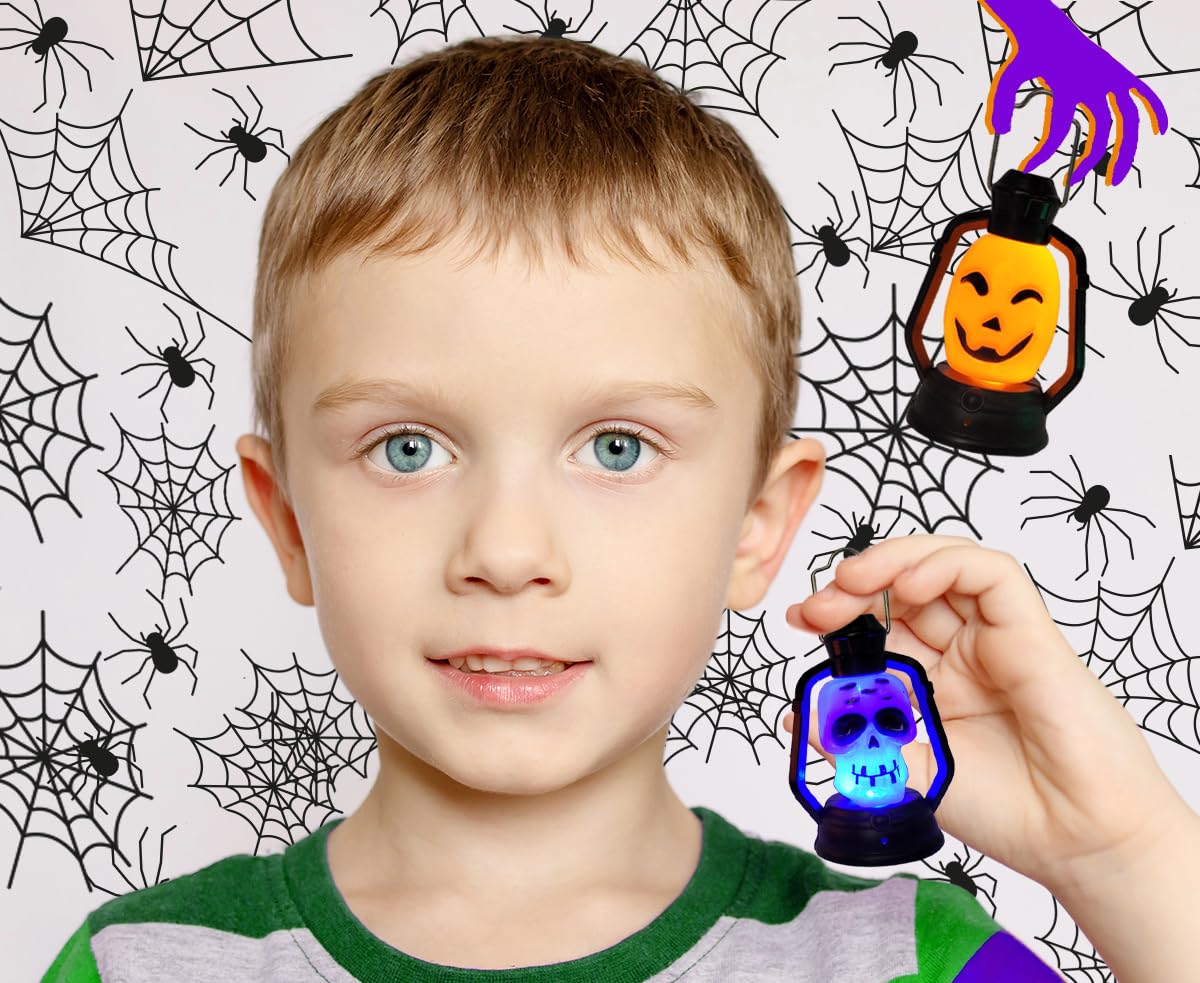Halloween Mini Flashing LED Lanterns - 4 Pack Spooky Orange Pumpkin & Skeleton Handheld Lights for Trick or Treat, Party Decorations, Haunted House, and Outdoor Nighttime Events