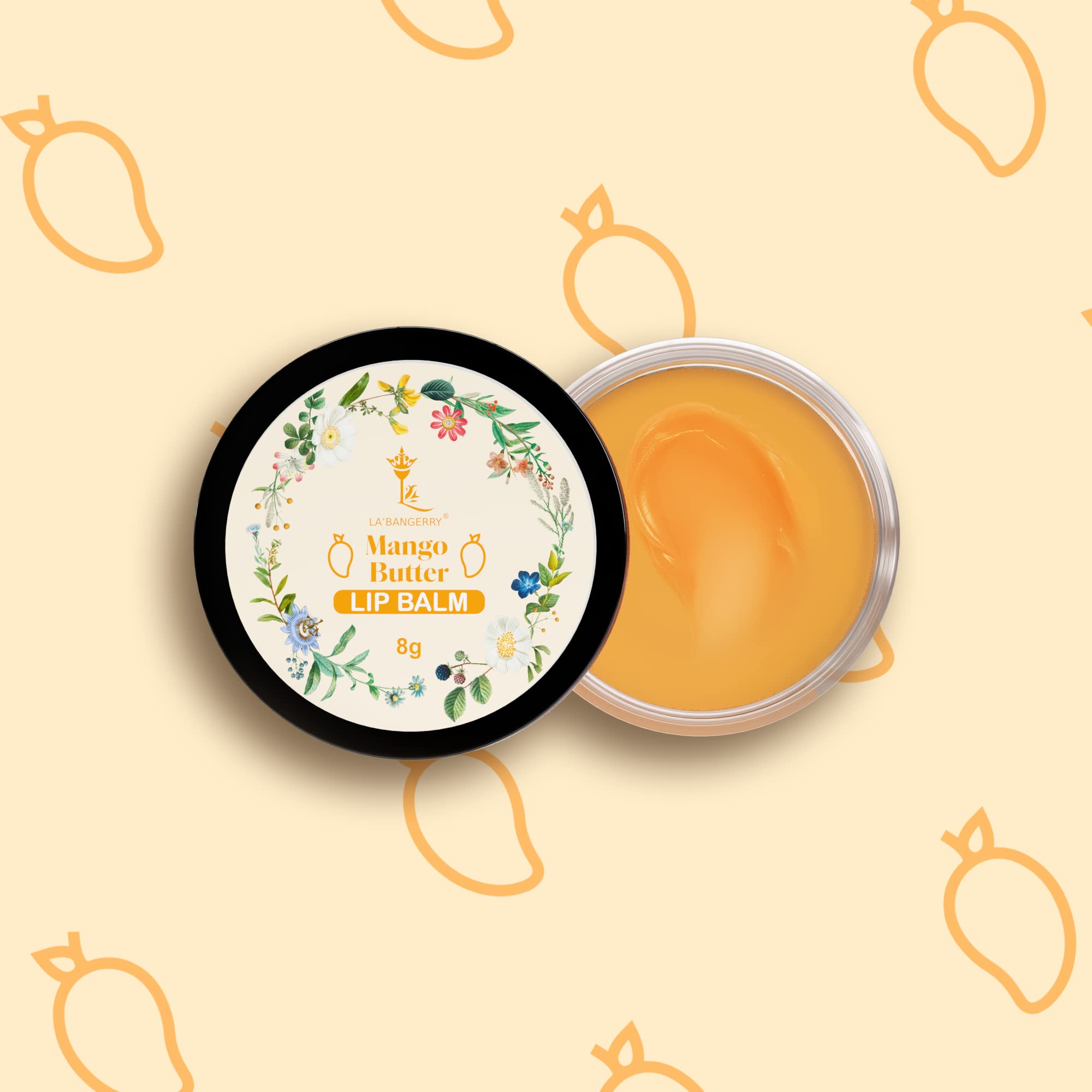 LA'BANGERRY Mango Butter Lip Balm for Dry & Chapped Lips - Enriched with Mango Extract, Almond Oil, Coconut Oil & Vitamin E - Moisturizing & Nourishing Lip Care - Helps Lighten Dark Lips - Paraben, Sulfate & Mineral Oil Free - 8g - Perfect for Daily Hydration, Winter Care & On-the-Go Lip Protection