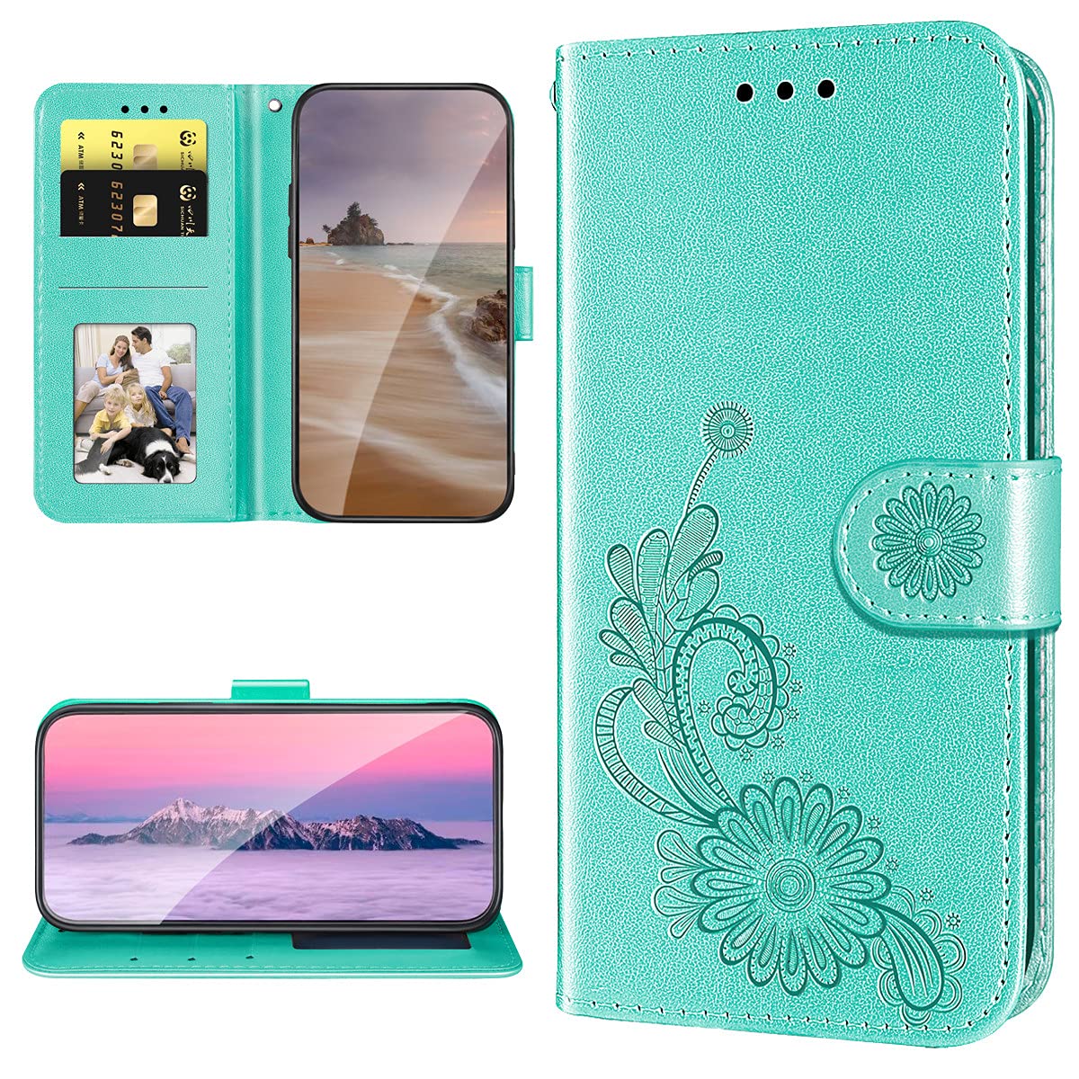 Premium PU Leather Embossed Lace Lotus Wallet Case for iPhone 12 Pro Max (6.7 Inch) - Shockproof Phone Cover with Kickstand & Card Slots, Green - Perfect for Daily Use, Travel & Hands-Free Viewing