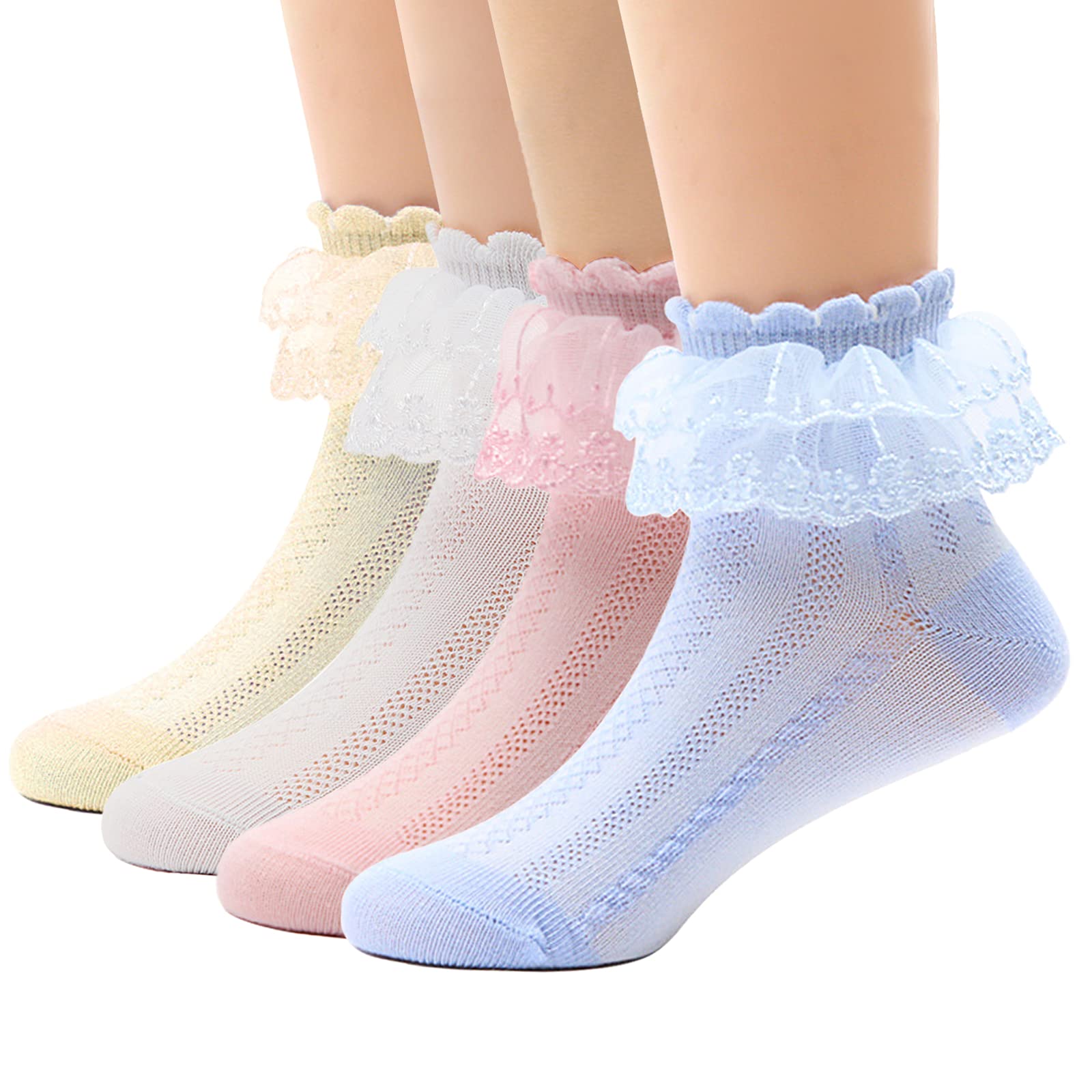 Looching 4/5 Pairs Baby Toddler Girls Ruffle Lace Socks - Eyelet White Princess Cotton Cute Frilly Dress Socks for Kids 1-9 Years - Perfect for Birthday Parties, Photo Shoots & Special Occasions