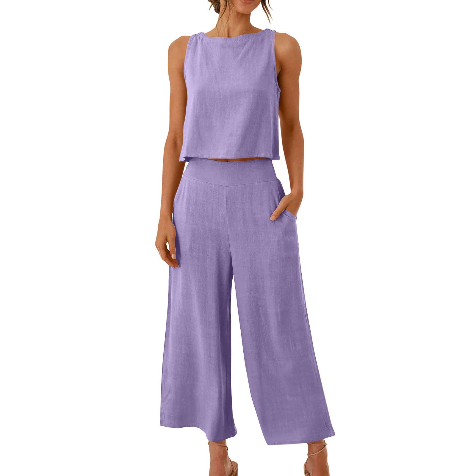 Women's 2-Piece Summer Outfit Set - Linen Crop Top & High Waist Wide Leg Capri Pants | Lounge Wear, Casual Matching Set for Beach, Vacation & Everyday Comfort