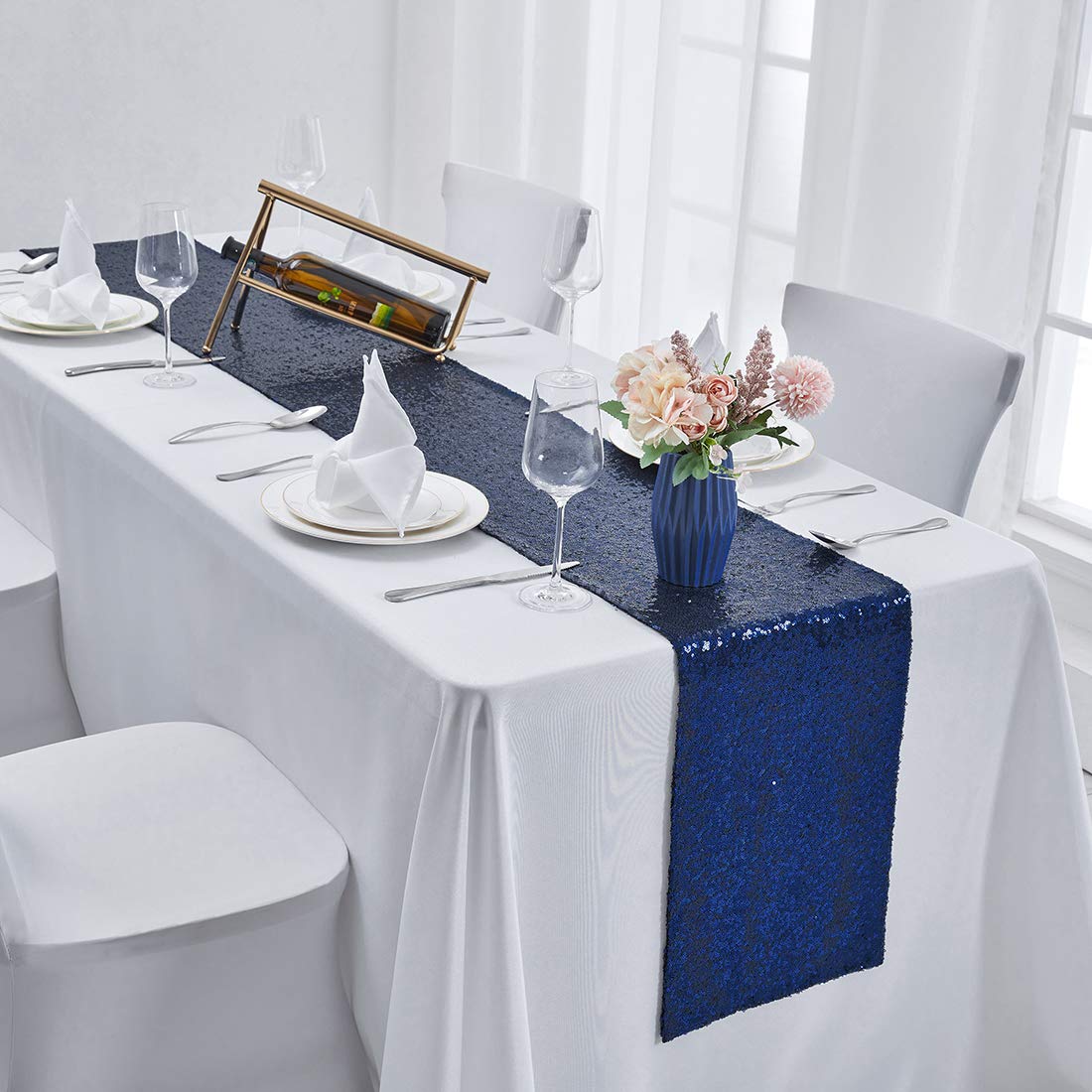 6 Pack Navy Blue Sequin Table Runners - 12x72 Inch Glitter Party Tablecloths for Wedding, Birthday, Bridal Shower, Baby Shower & Holiday Decorations - Perfect for Festive Celebrations, Dining Table Centerpieces & Event Decor