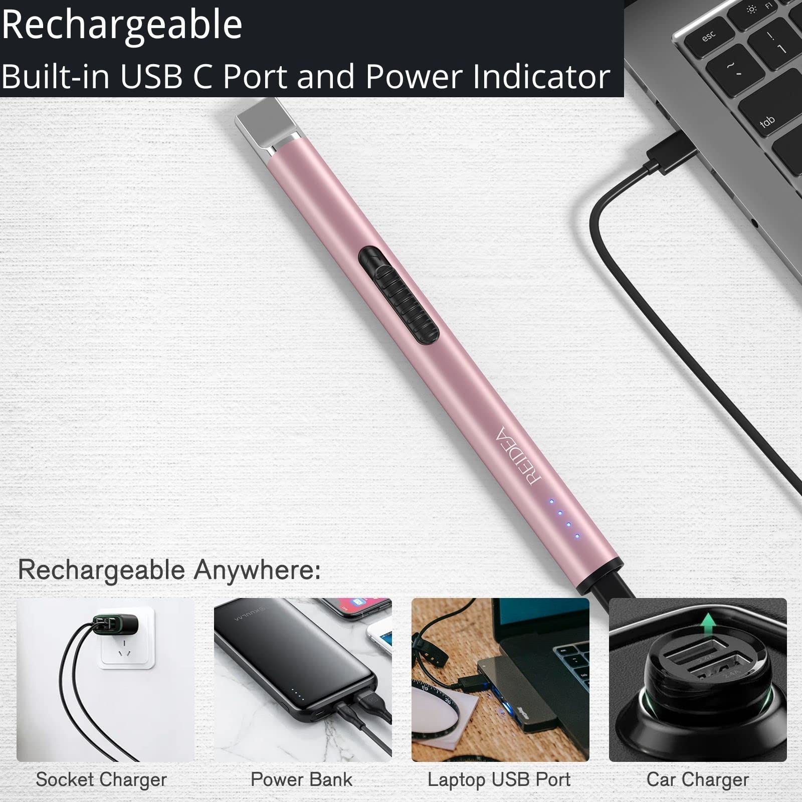 REIDEA S4 Pro USB Rechargeable Electric Lighter 2 Pack - Windproof Arc Plasma Lighter with Safety Lock & LED Battery Indicator - Perfect for Candles, Camping, BBQ, Fireworks (Rose Gold)
