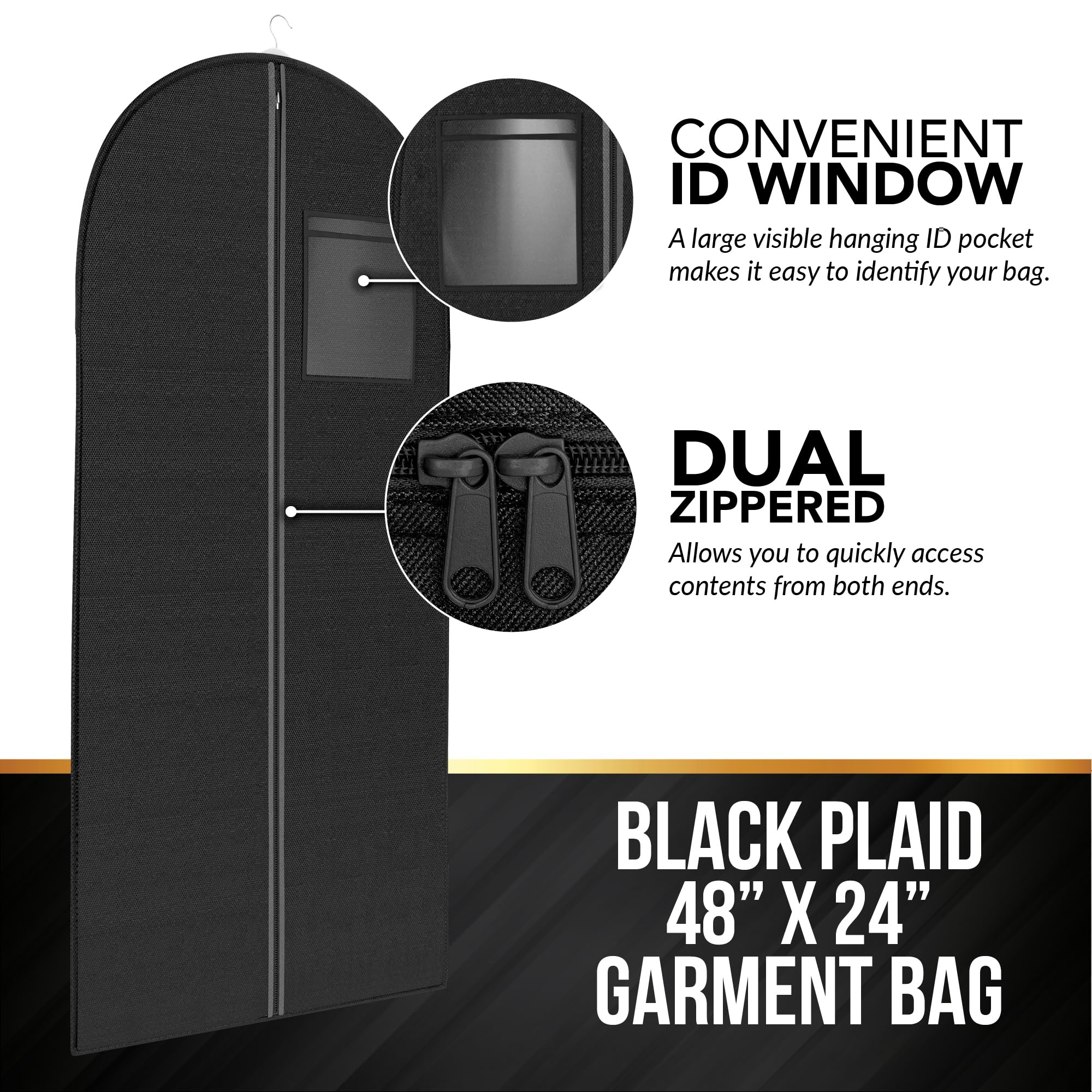 Black Tartan Suit Garment Travel Bags with ID Tag Window - Heavy Duty Yet Lightweight Luggage for Business Trips & Formal Events
