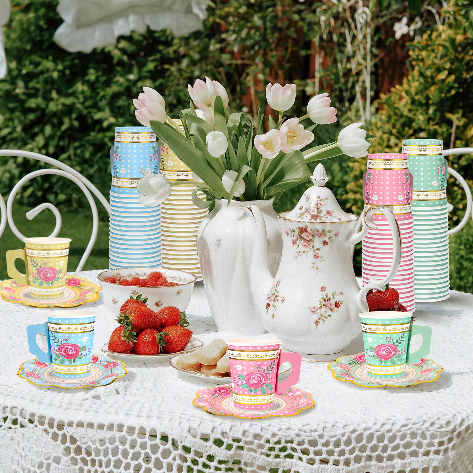 200 Pcs Floral Disposable Paper Tea Cups and Saucers Set - 9 oz Bulk Tea Cups with Handles & Plates for Tea Party, Baby Shower, Wedding, Birthday - Serves 100 Guests - Perfect for Garden Parties, Bridal Showers & Afternoon Tea Events