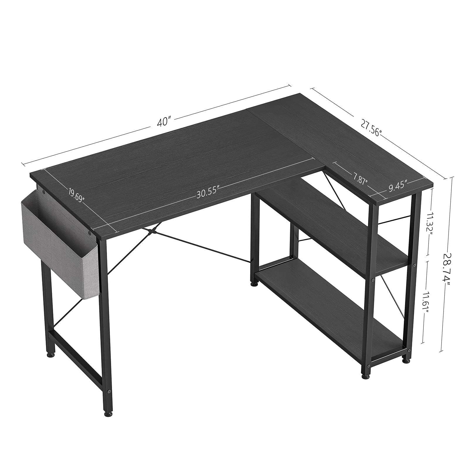 L Shaped Desk 40 Inch Small Reversible Corner Computer Desk with Storage Shelves - Home Office Desk Study Writing Table in Black - Perfect for Small Spaces, Gaming Setup & Remote Work