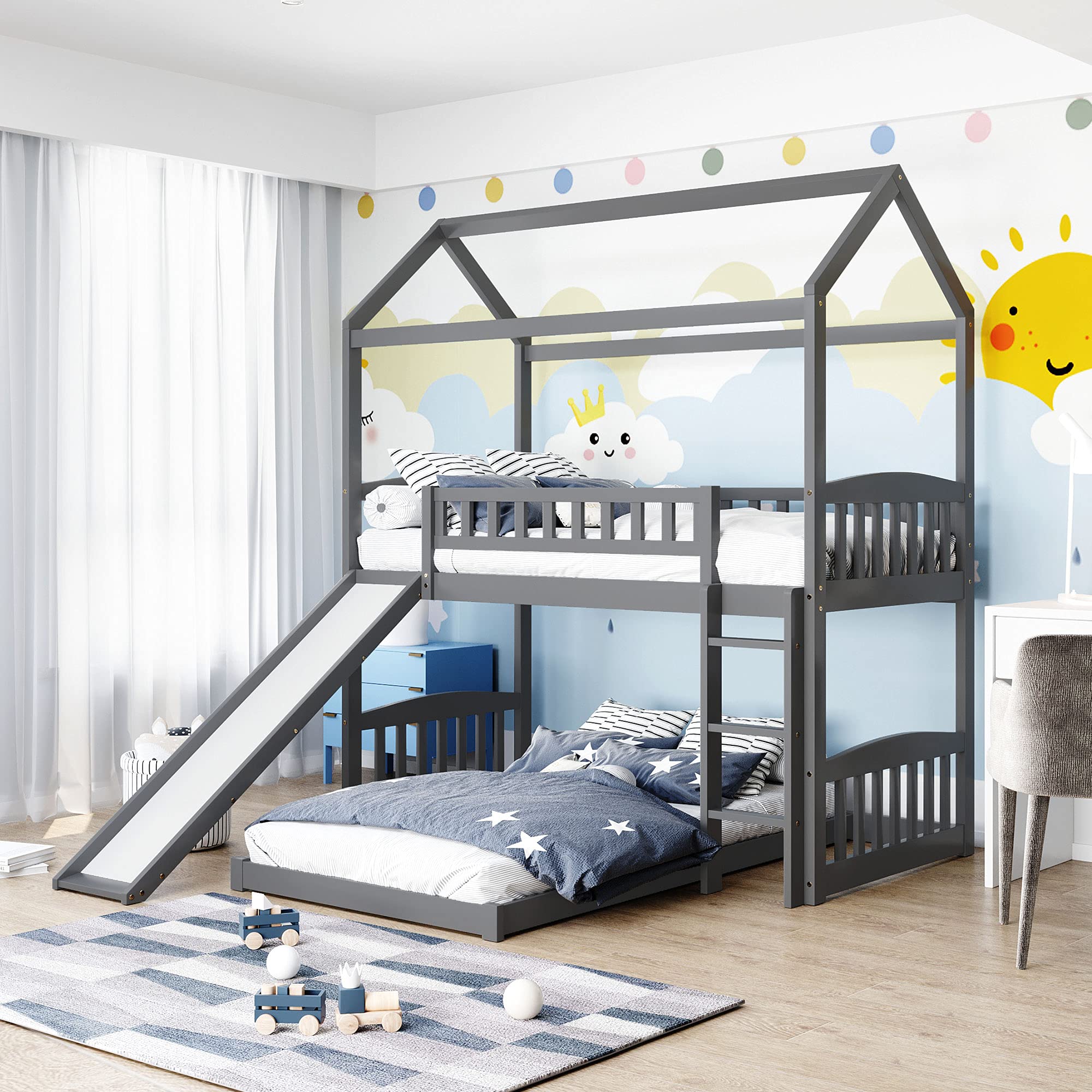 Twin Over Twin Wooden Bunk Bed with Roof, Guardrail, Built-in Ladder & Slide - Wooden House Bed for Kids & Teens - Low Toddler Bunk Bed - Easy Assembly, No Box Spring Needed - Perfect for Small Bedrooms, Shared Kids' Rooms & Sleepovers