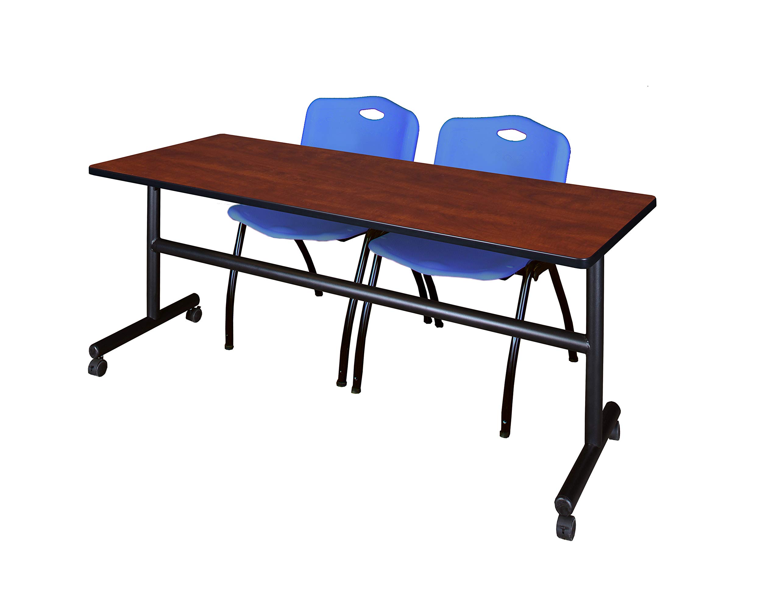 Kobe 72 Inch Flip Top Mobile Training Table with Cherry Finish & 2 Stackable 'M' Chairs in Blue - Perfect for Home Gym, Office Meetings & Classroom Training Sessions