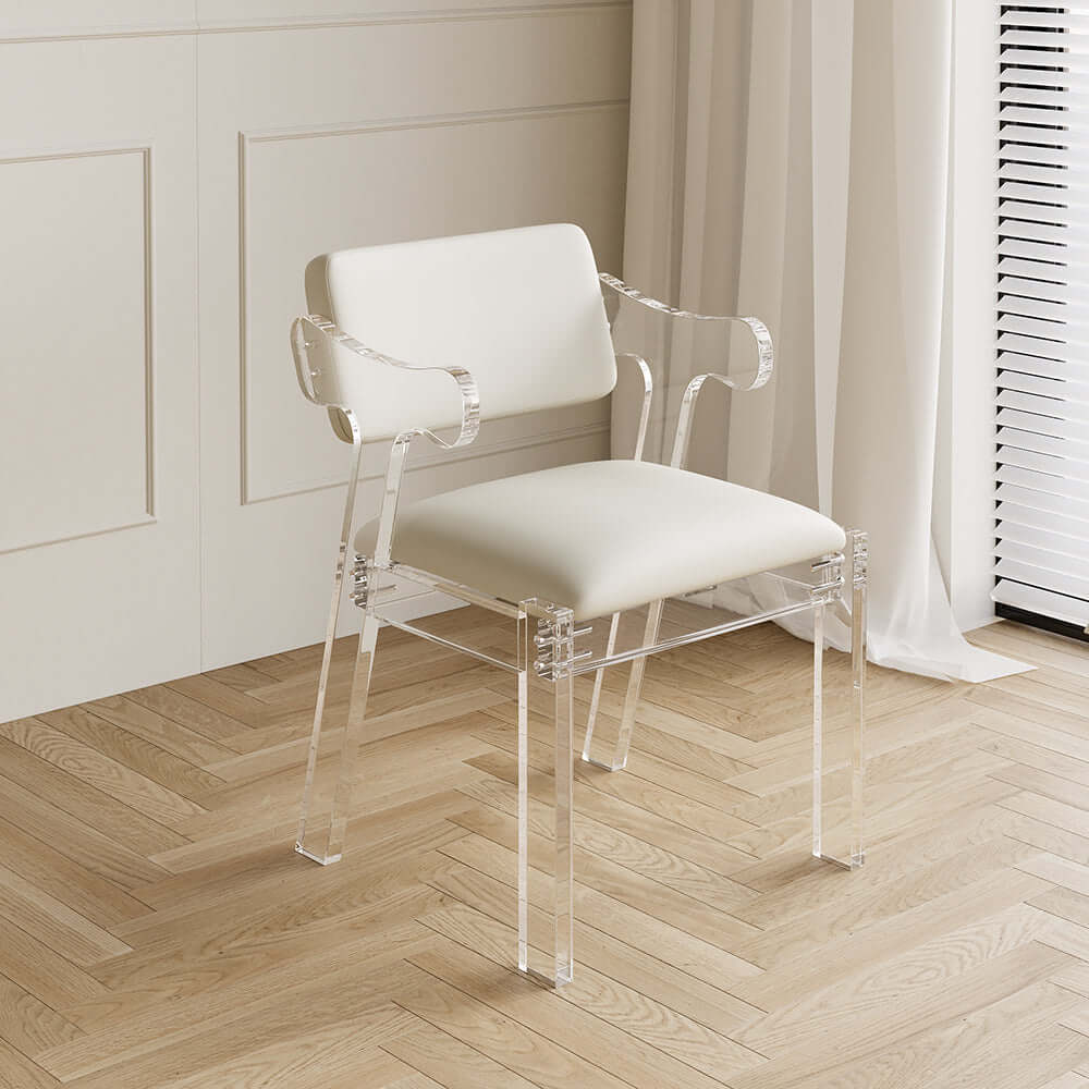 Modern Acrylic White Dining Chair with Arms - Upholstered PU Leather Dining Room Chair for Kitchen, Restaurant & Home Decor