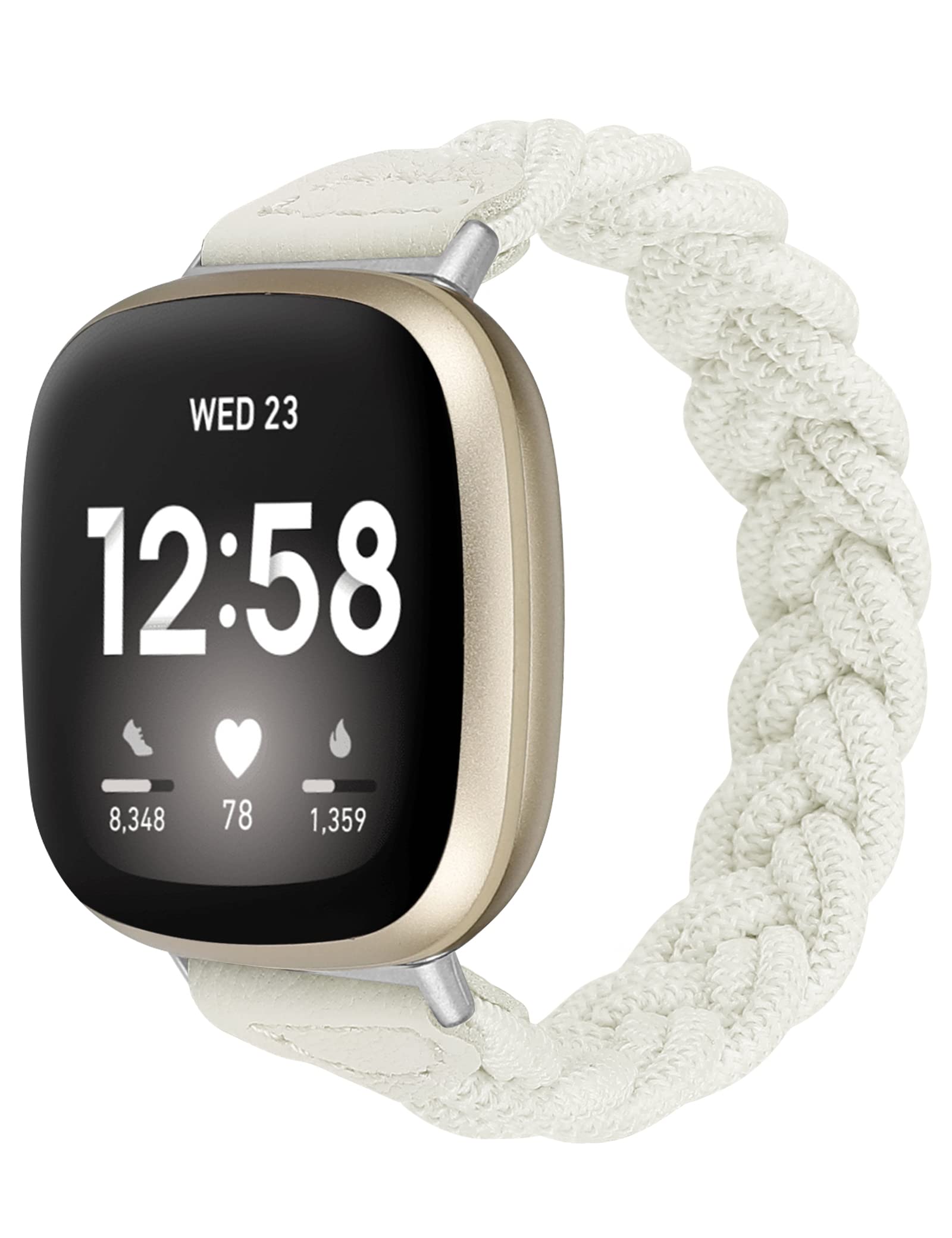 Elastic Braided Solo Loop Strap for Fitbit Sense/Sense 2/Versa 3/Versa 4 - Slim Stretchy Woven Wristband Accessory for Women (White, Medium) - Perfect for Workouts, Running & Everyday Wear