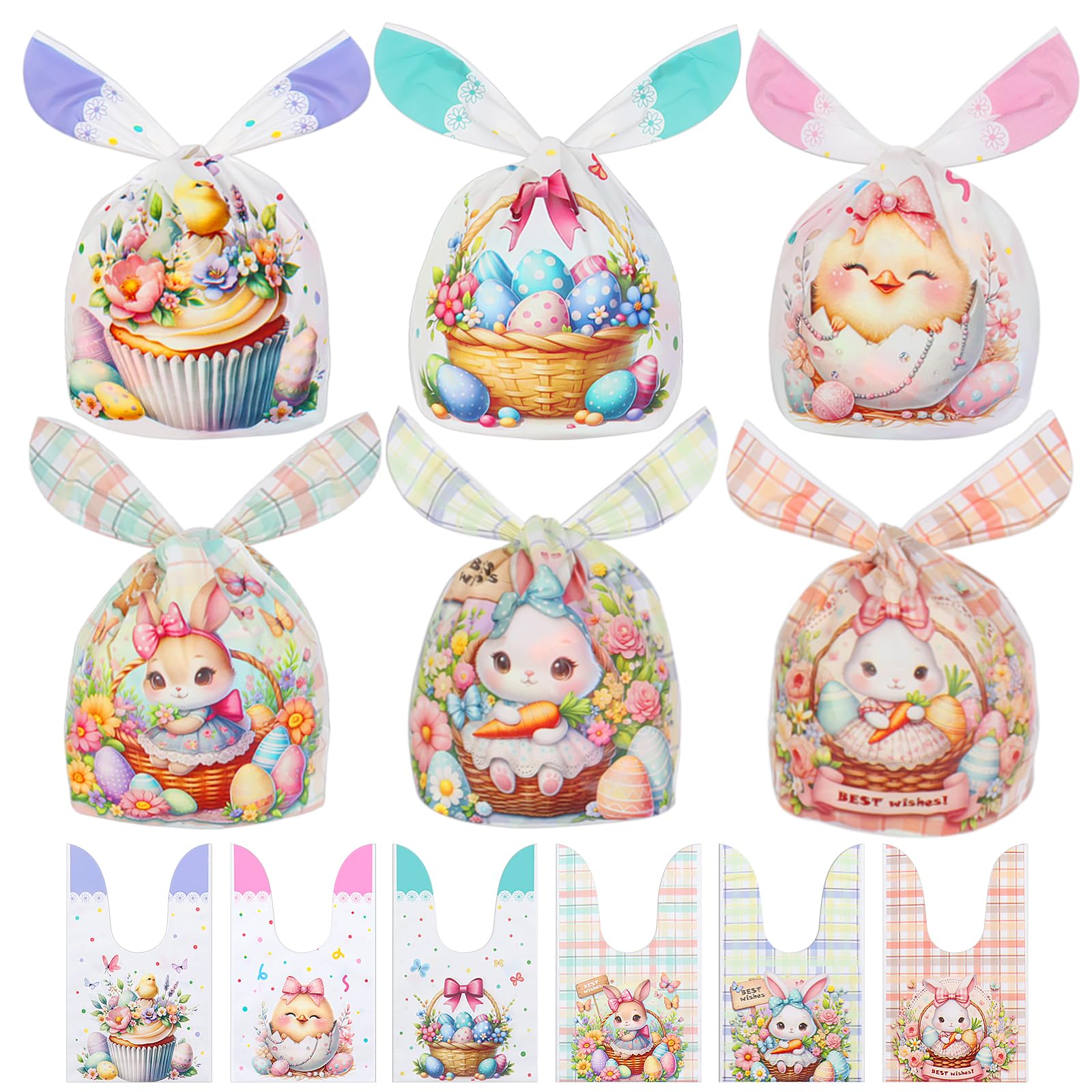 100Pcs Easter Treat Bags - 6 Styles Colorful Easter Candy Goodie Bags for Party Favors, Gift Giving & DIY Decorations | Perfect for Easter Egg Hunts, Classroom Treats & Holiday Celebrations