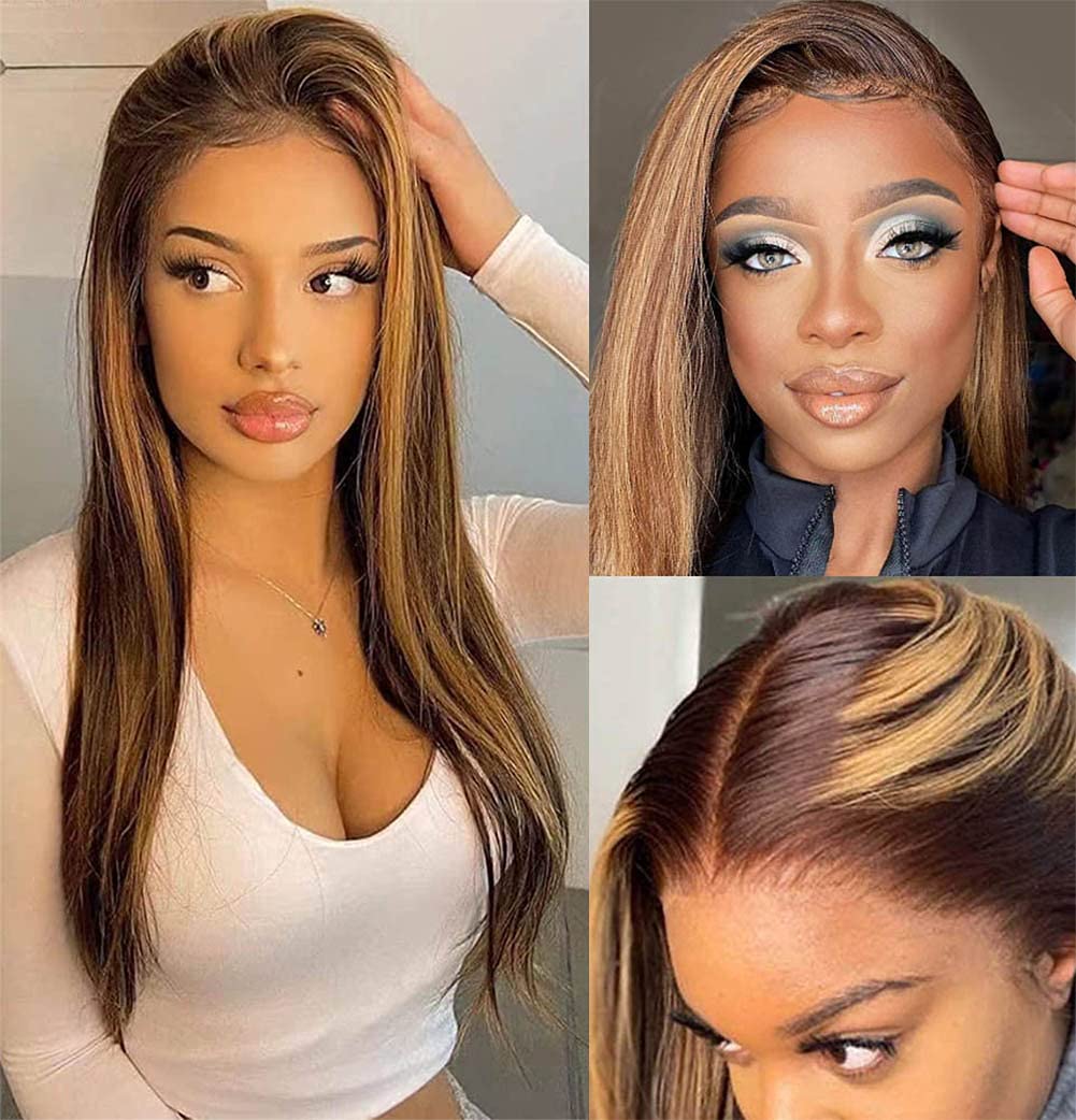 West Kiss Highlight Lace Front Wig Human Hair - 18 Inch Honey Blonde Straight Glueless Wig with 4x4 Closure | Pre-Plucked Natural Hairline | Perfect for Black Women | Everyday Wear, Parties & Special Occasions