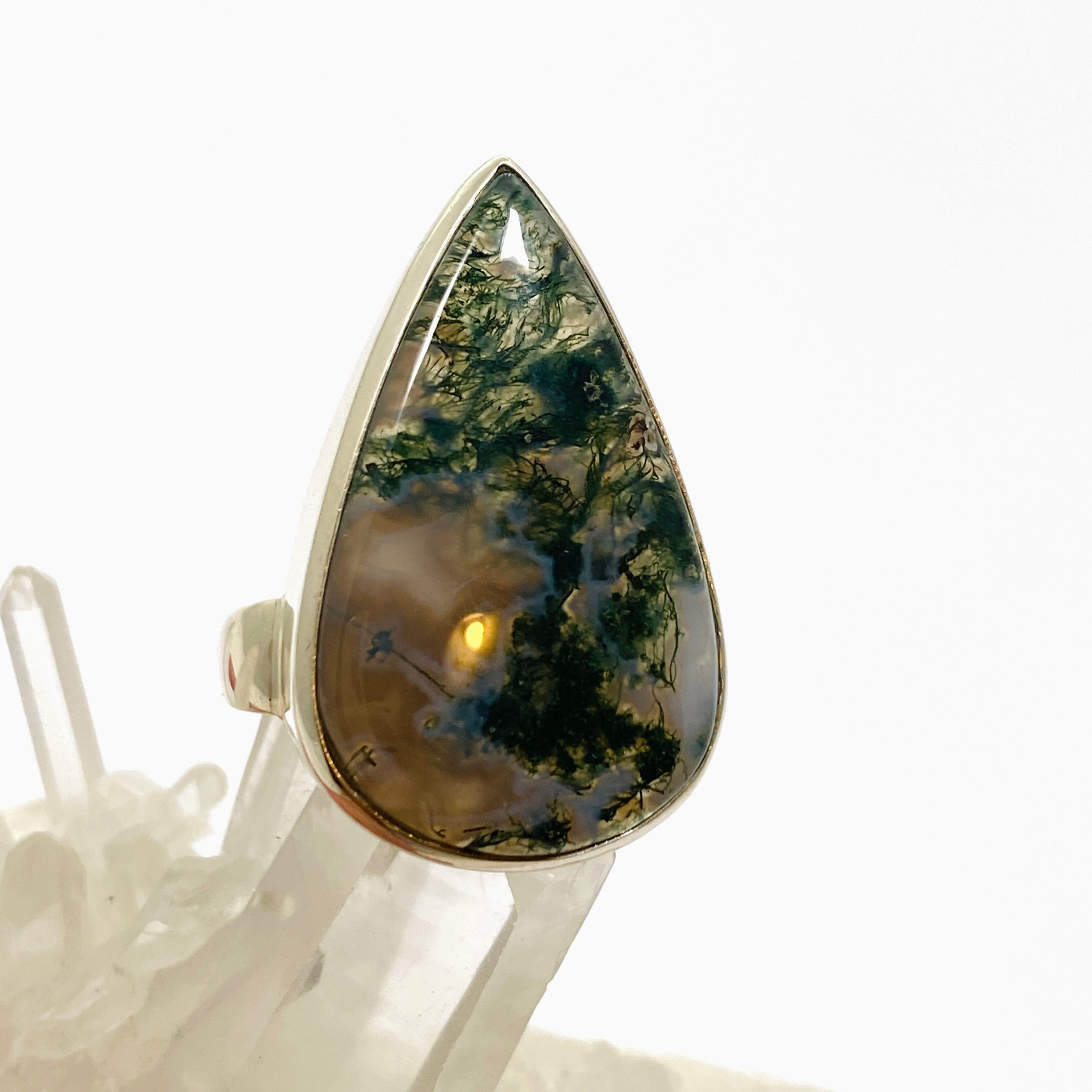Natural Moss Agate Teardrop Cabochon Ring - Size 11 | Handmade Sterling Silver Jewelry for Women | Perfect for Boho Style, Wedding & Everyday Wear