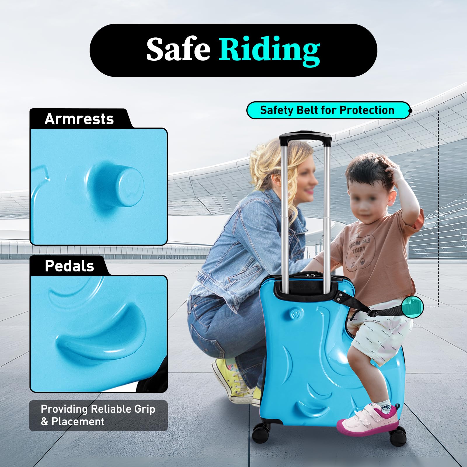 **DNYSYSJ 20 Inch Kids Carry-On Suitcase with Ride-On Feature & Safety Belt - Lightweight Travel Luggage for Toddlers & Children, Perfect for Airplane Trips & Family Vacations (Blue-20)**