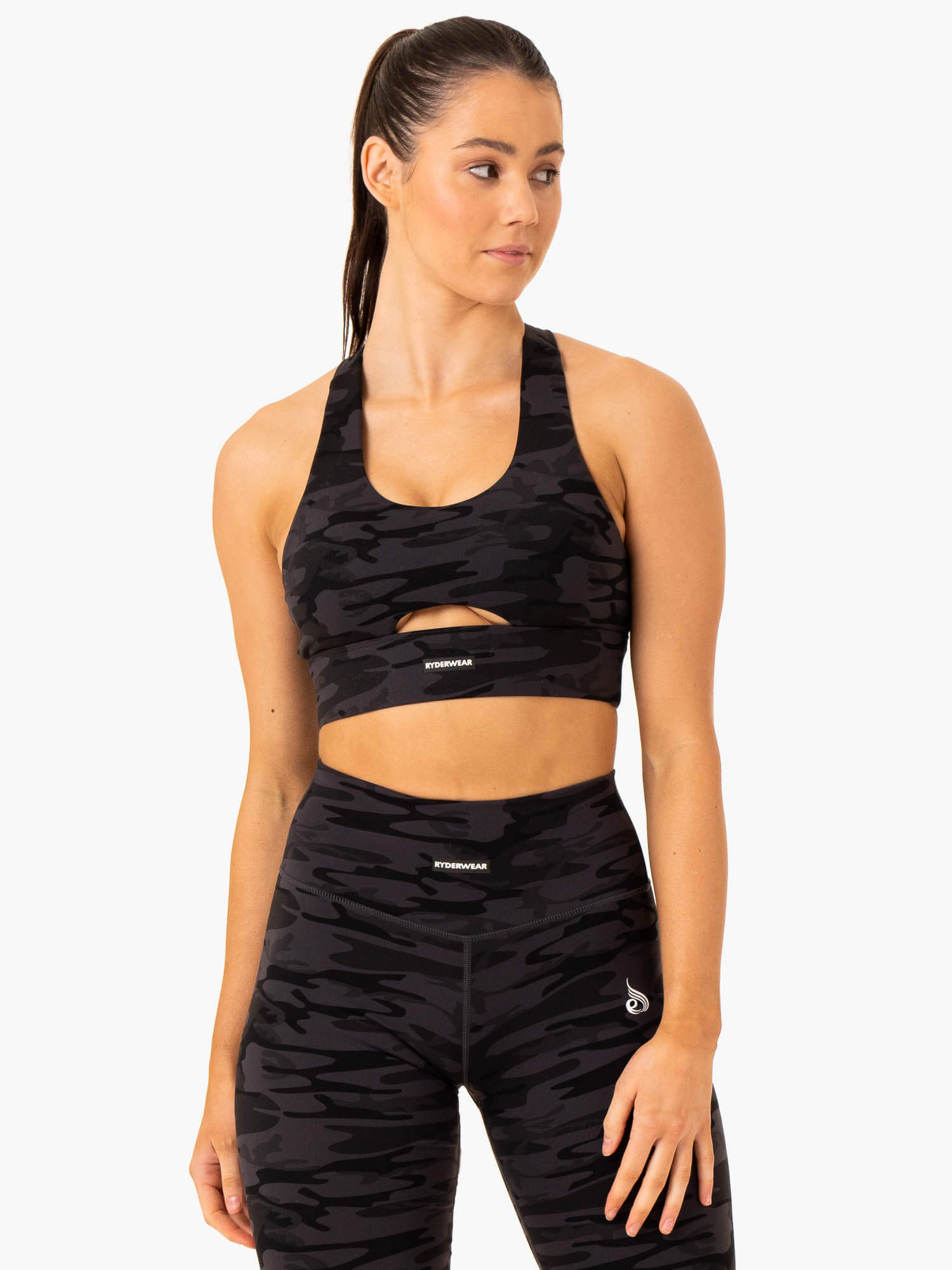 High Support Racerback Sports Bra - Black Camo Print for Women - Perfect for Running, Yoga & Gym Workouts
