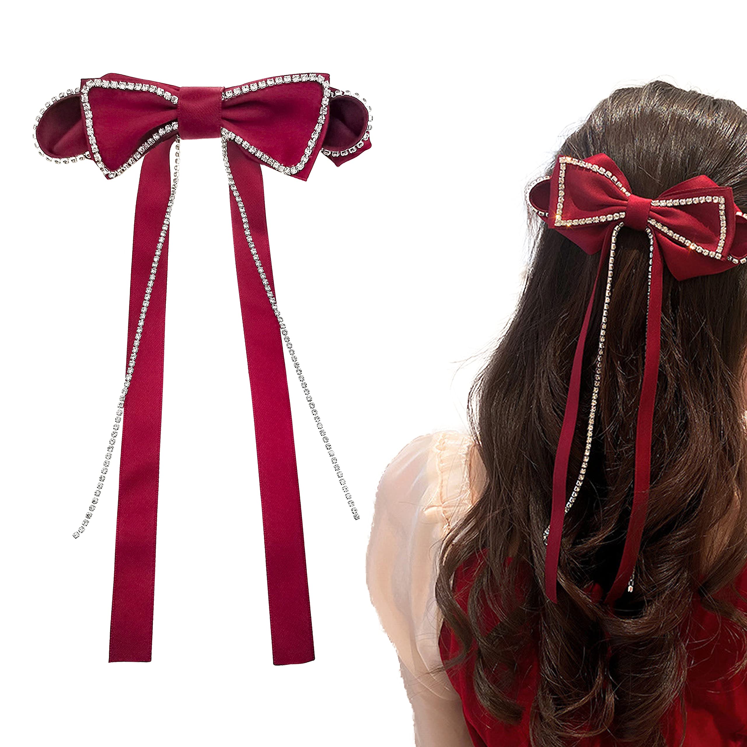 2 Pack Sparkly Rhinestone Tassel Hair Bows - Elegant Red Bowknot Hair Clips with Long Brocade Ribbon for Women & Girls (4.92