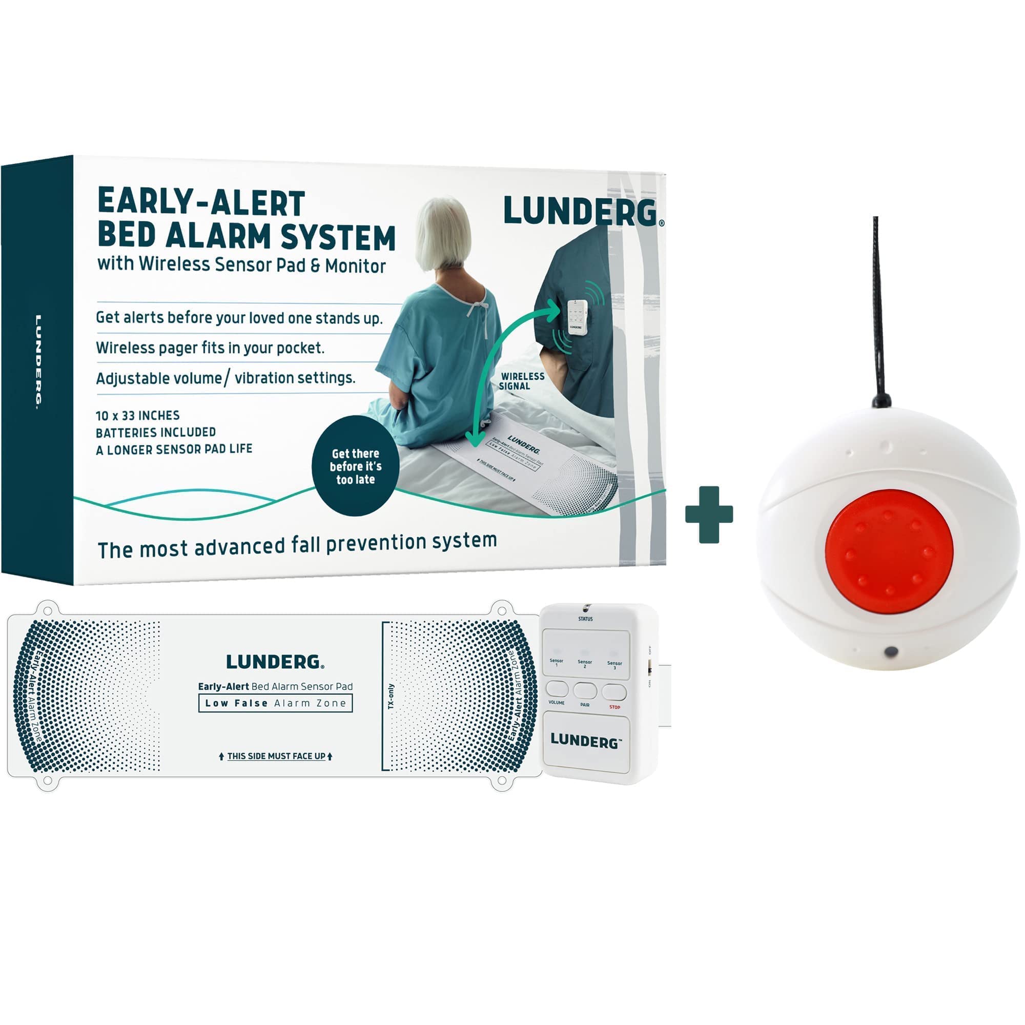 Lunderg Wireless Bed Alarm System with Call Button & Sensor Pad - Elderly Fall Prevention & Monitoring Kit with Smart Pre-Alert Technology - Ideal for Home Care, Nursing Homes, and Senior Safety