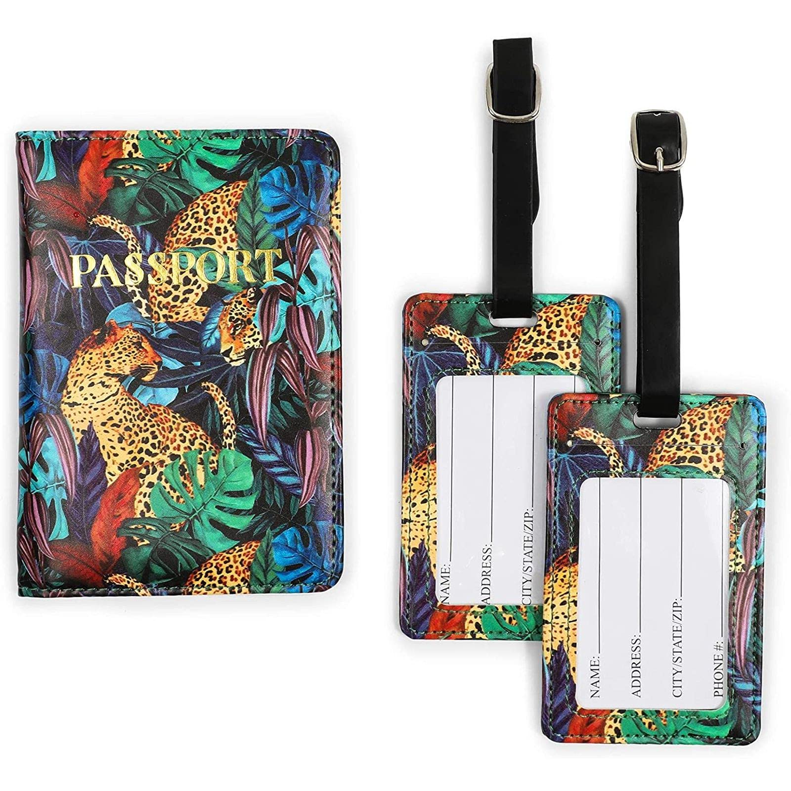 Zodaca RFID Blocking Leopard Print Passport Holder with 2 Matching Luggage Tags - 3 Piece Travel Accessory Set for Women | Perfect for International Trips, Airplane Security & Organized Travel