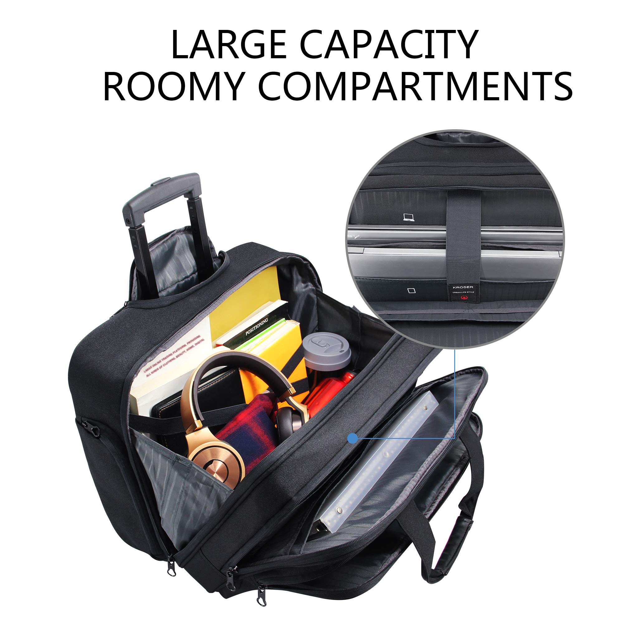Premium KROSER Rolling Laptop Bag with Wheels - Fits 17.3 Inch Laptop, RFID Pockets for Security - Durable Wheeled Briefcase for Business Travel, Commuting & Overnight Trips (Black, Unisex Design for Men & Women) - Perfect for Airports, Offices & Daily Professional Use