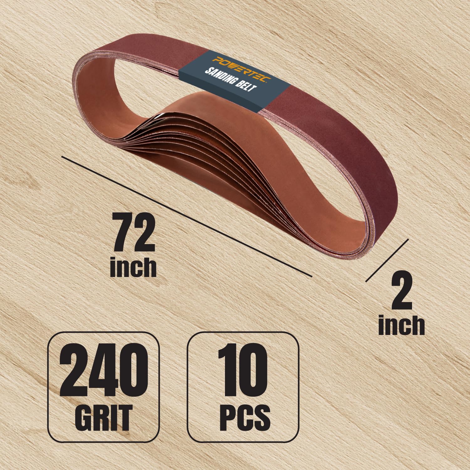 POWERTEC 2 x 72 Inch Sanding Belts - 240 Grit Aluminum Oxide Grinding Belts for Belt Grinder - Wood Sanding, Metal Polishing & Knife Sharpening - 10 Pack (111530) - Perfect for Woodworking, Metal Fabrication & DIY Projects