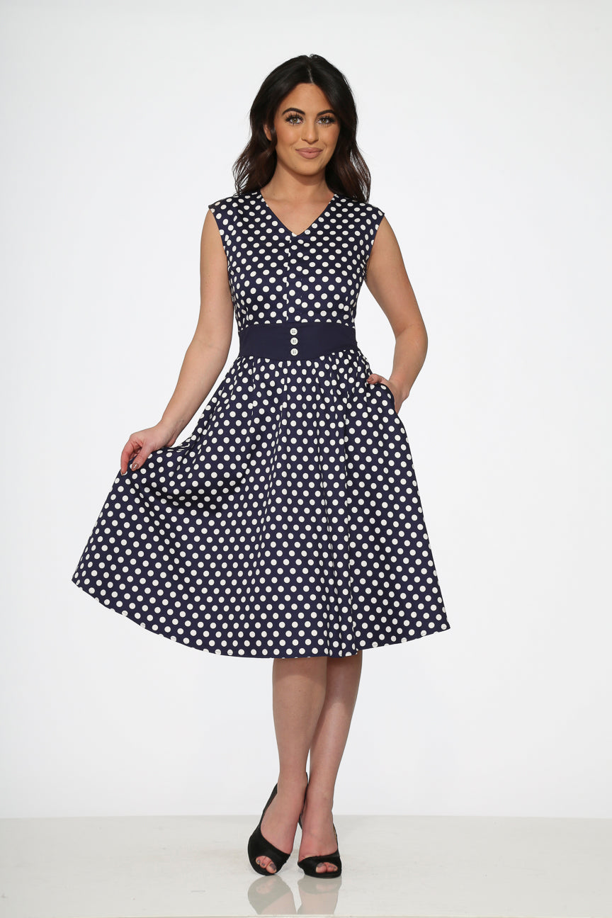 Navy Blue White Polka Dot Swing Dress - Flowy Summer Dress for Women, Casual Party Wear, Perfect for Beach Vacation & Date Night Outfits
