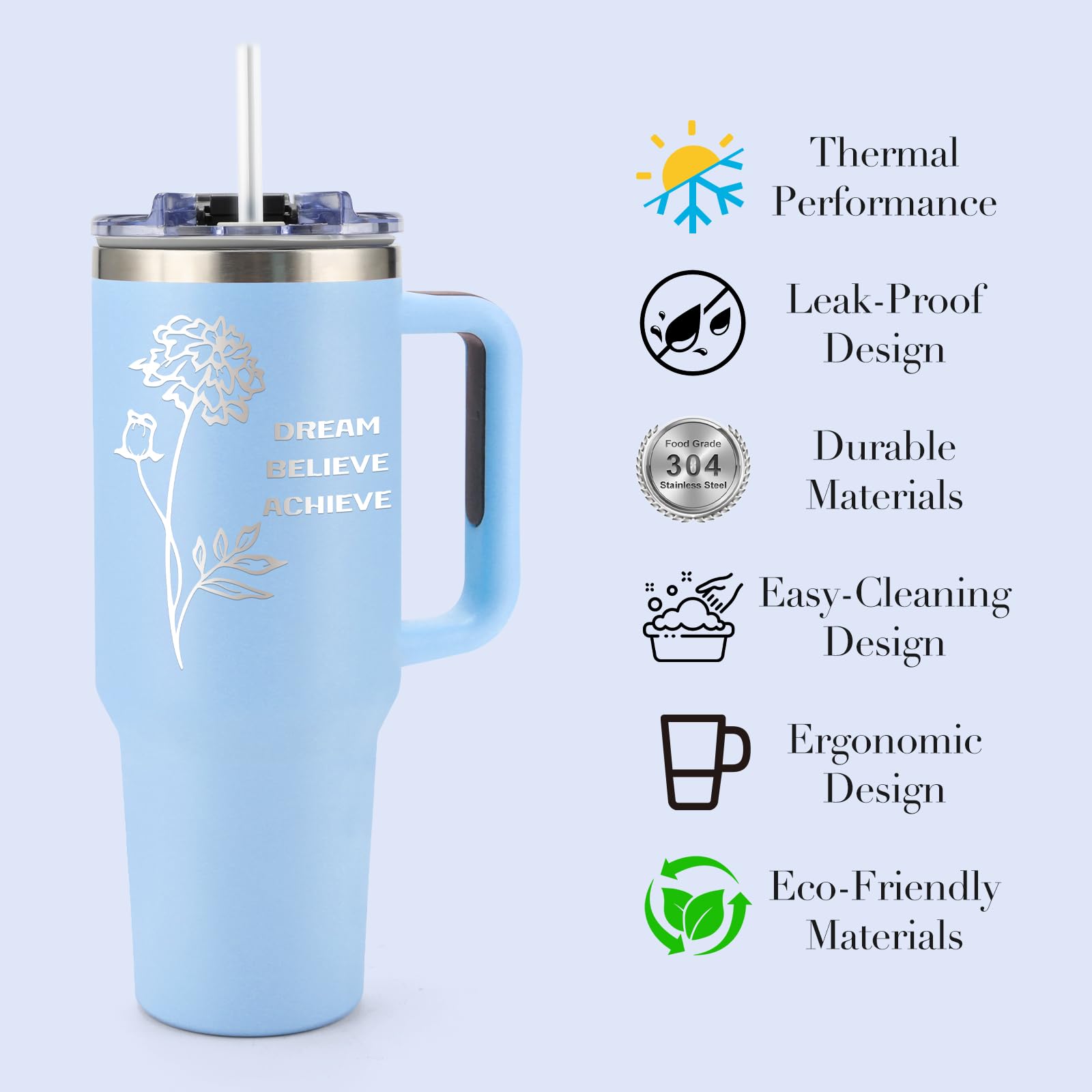40oz Personalized Stainless Steel Tumbler with Handle & Straw - Custom Name/Text Insulated Travel Mug - Great Gift for Women, Mom, Girlfriend - Perfect for Coffee, Tea & Cold Drinks at Work, Gym or Outdoor Activities