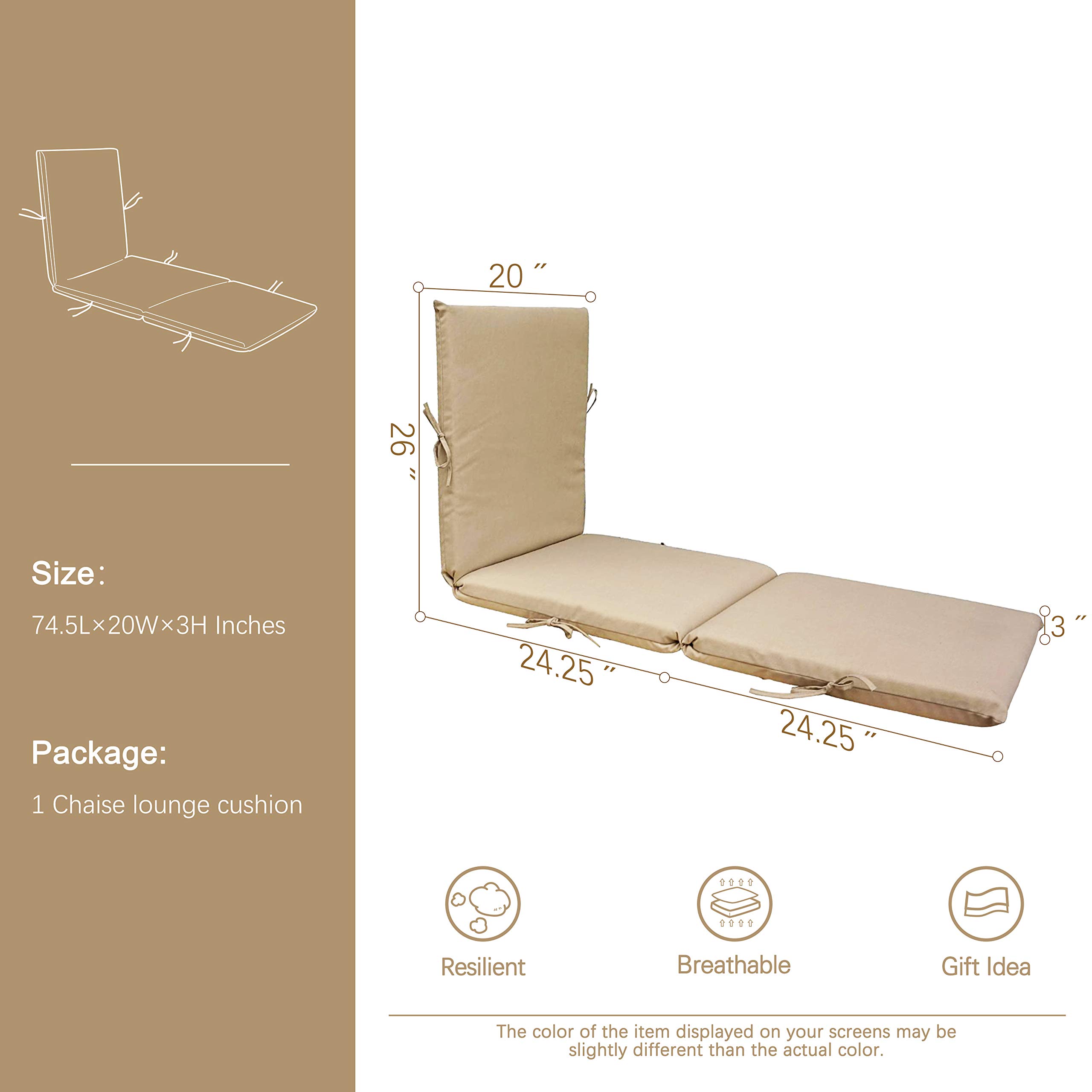 BOSSIMA Indoor Outdoor Lounge Chair Cushions - Light Khaki Chaise Bench Replacement Cushions for Patio Furniture | All-Weather, Durable & Comfortable | Perfect for Poolside, Garden, Deck & Backyard Relaxation