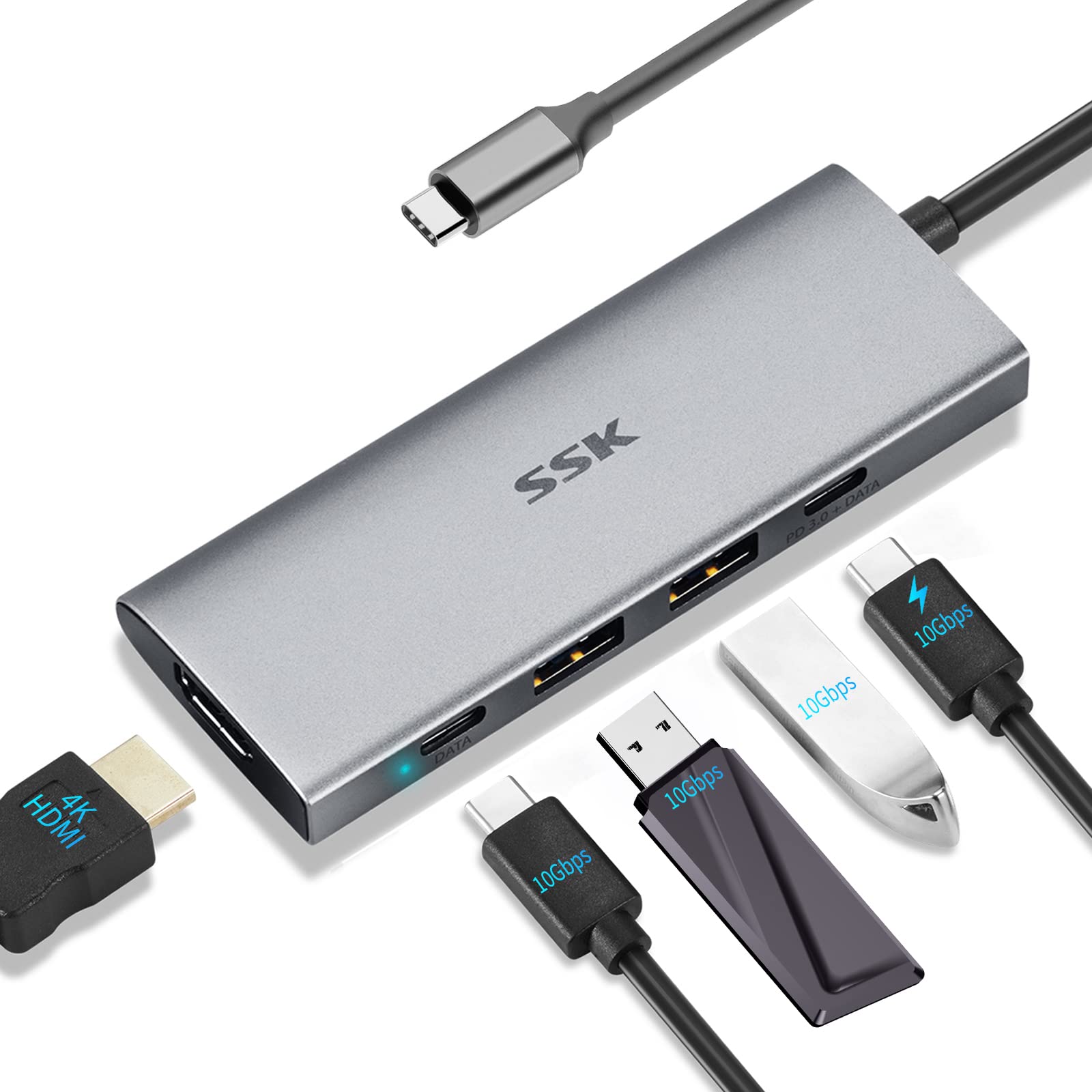 SSK 100W USB-C Hub 5-in-1 Multiport Adapter with 4K HDMI, 2 USB-C Ports (1 PD Charging), 2 USB-A 3.2 Gen2 Ports - 10Gbps SuperSpeed Data Transfer - Compatible with MacBook Pro/Air, Dell, HP, Lenovo Laptops - Perfect for Home Office, Remote Work & Travel Accessories