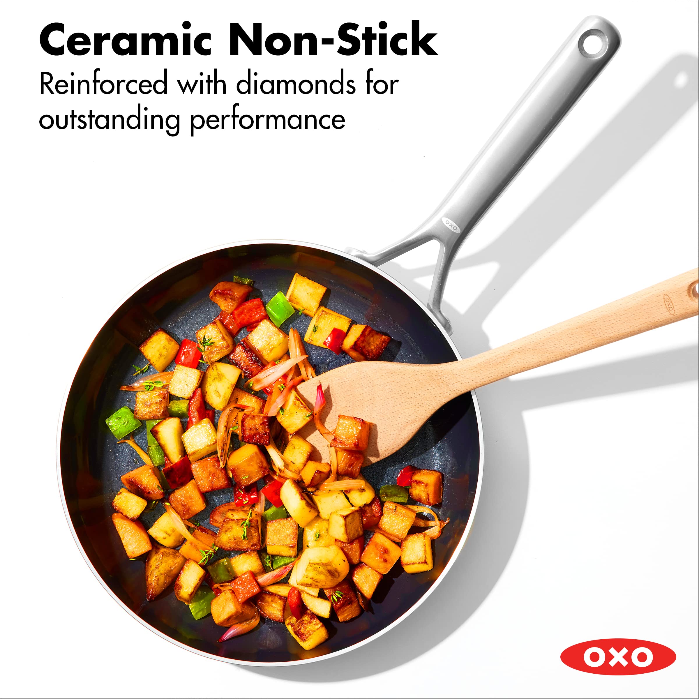 OXO Mira 12-Inch Stainless Steel Frying Pan Skillet - Tri-Ply Multi-Clad Construction, PFAS-Free Ceramic Nonstick Coating, Induction Compatible, Oven & Dishwasher Safe - Perfect for Searing, Frying & Sauteing - Ideal for Home Cooking, Restaurants & Professional Kitchens