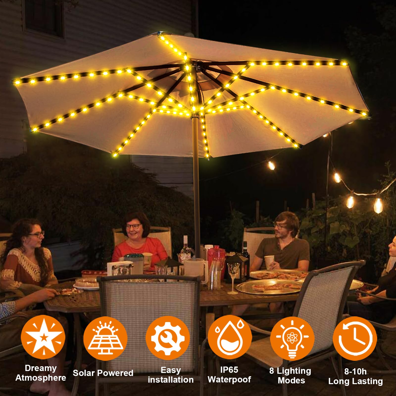 Solar Umbrella Lights Outdoor - 112 LED Waterproof Patio Lights with 8 Lighting Modes & 3V Solar Panel Clip - Perfect for Beach, Deck, Garden, Camping Tents & Party Decorations
