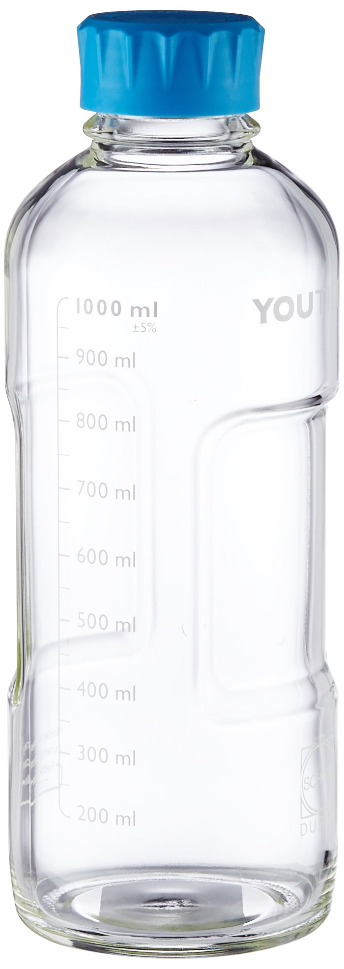 DURAN Youtility Bottle - 1000ml Clear Graduated Glass Bottle with Cyan Screw Cap & PP Pouring Ring (GL45) - Perfect for Lab Storage, Chemical Mixing & Home DIY Projects