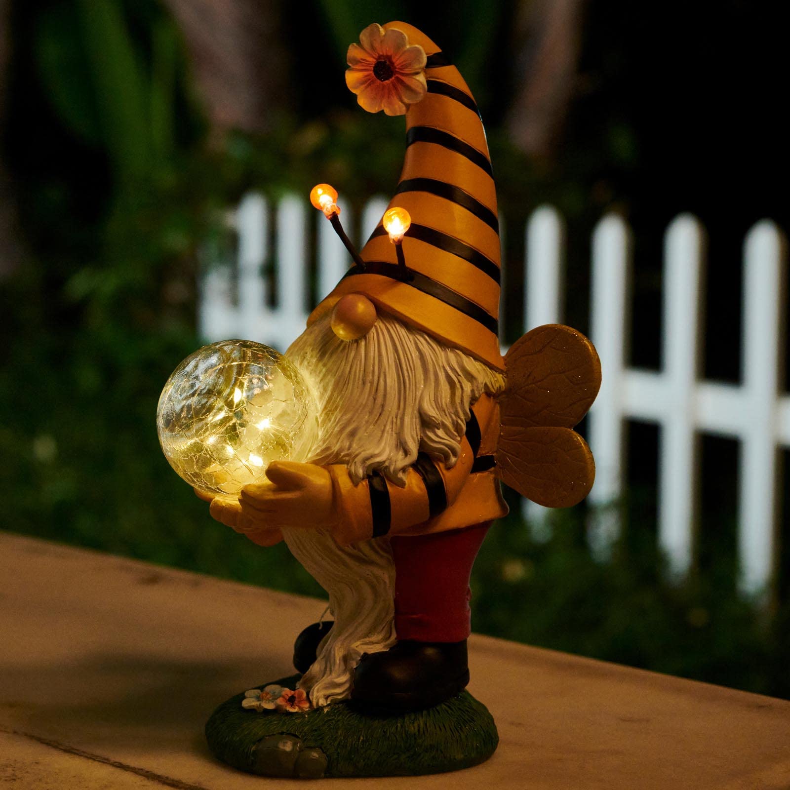 Funny Solar-Powered Yellow Garden Gnome with Bee Design - Waterproof Outdoor Statue for Patio, Lawn & Garden Decor | Perfect for Spring & Summer Decoration, Backyard Parties & DIY Landscape Design