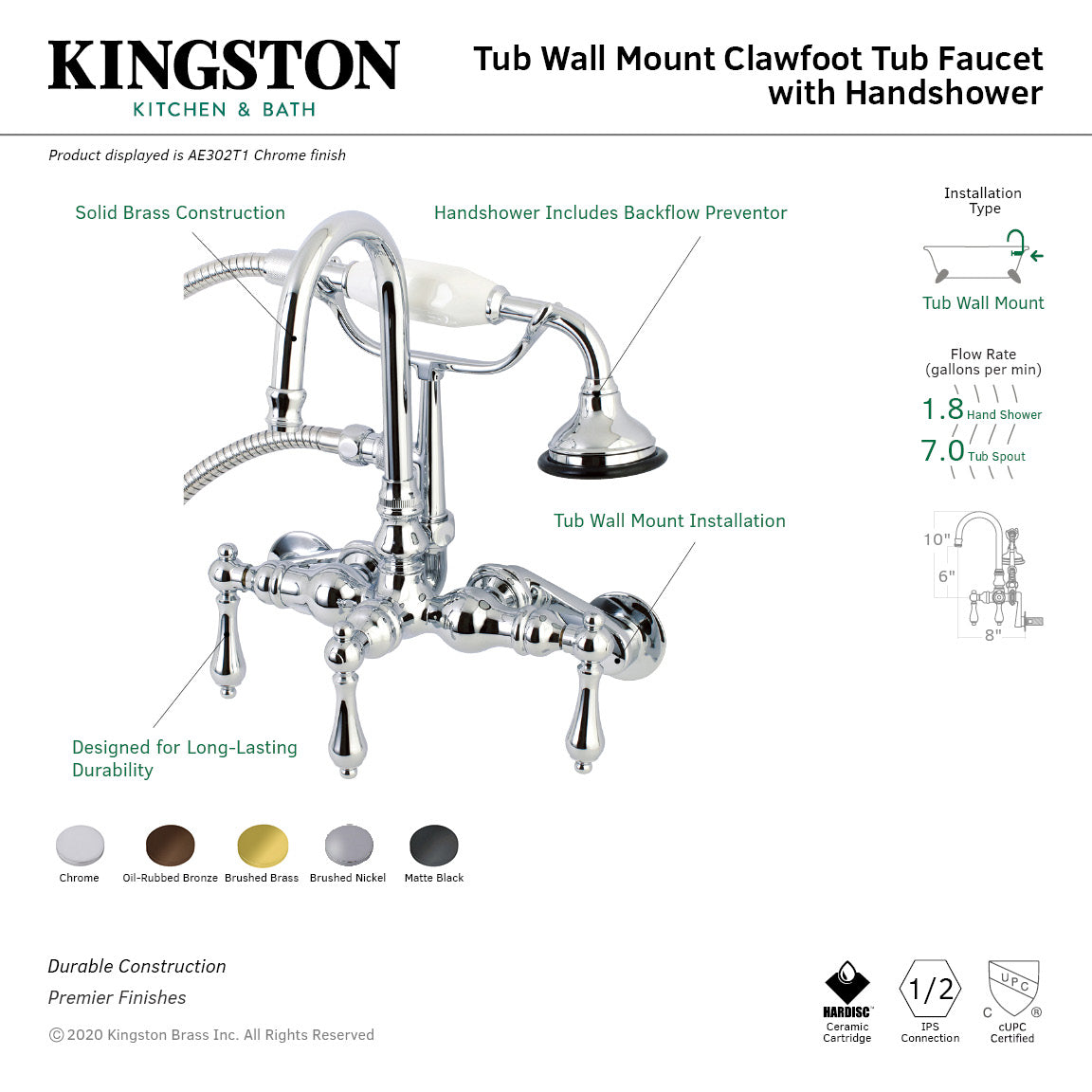 Vintage AE301T5 Oil Rubbed Bronze 3-Handle Wall Mount Clawfoot Tub Faucet with Hand Shower - Perfect for Bathroom Renovation & Vintage Style Decor