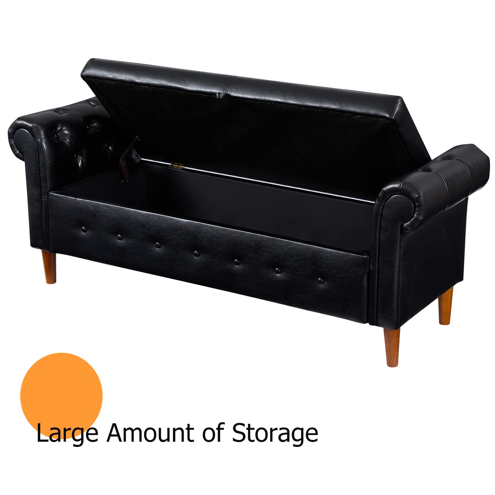 Aoowow Black PU Leather Storage Bench with Rolled Arms - Ottoman Seat for Bedroom, End of Bed, Window Sitting, Fireplace, Toy Storage | Durable & Stylish Home Decor
