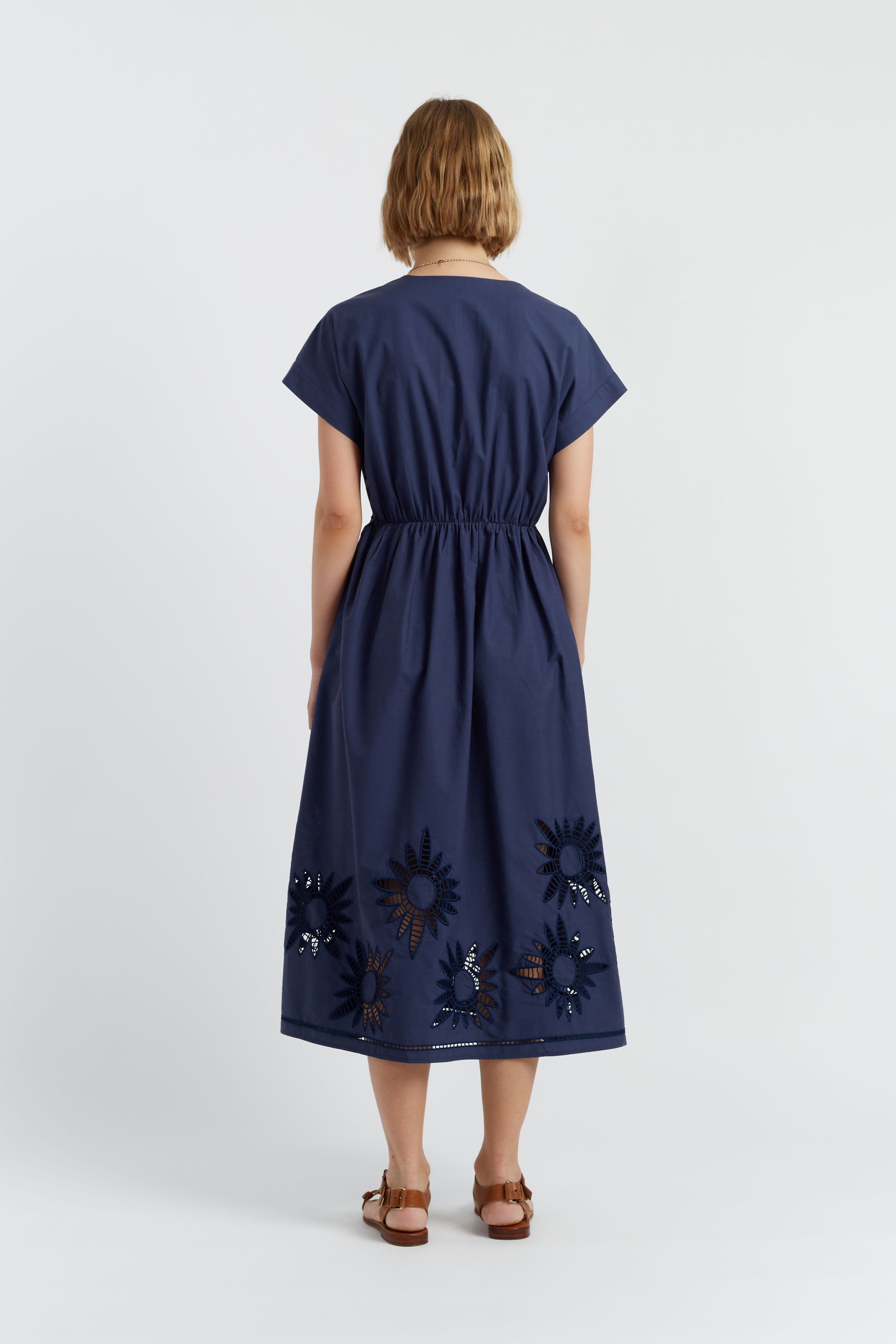 Navy Blue Cotton Lyocell Embroidered Dress for Women - Elegant Summer Casual Wear for Beach, Party & Vacation