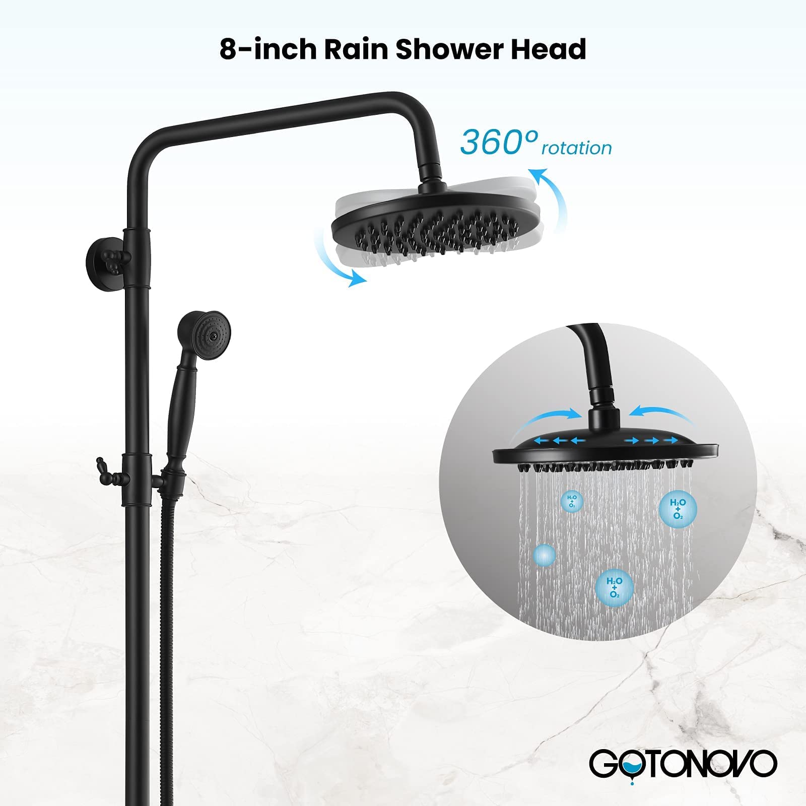 Gotonovo Matte Black Wall Mounted Outdoor Shower System - 8 Inch Rainfall Shower Head with Adjustable Handheld Sprayer & Tub Spout, Double Cross Handles for Bathroom & Garden Use