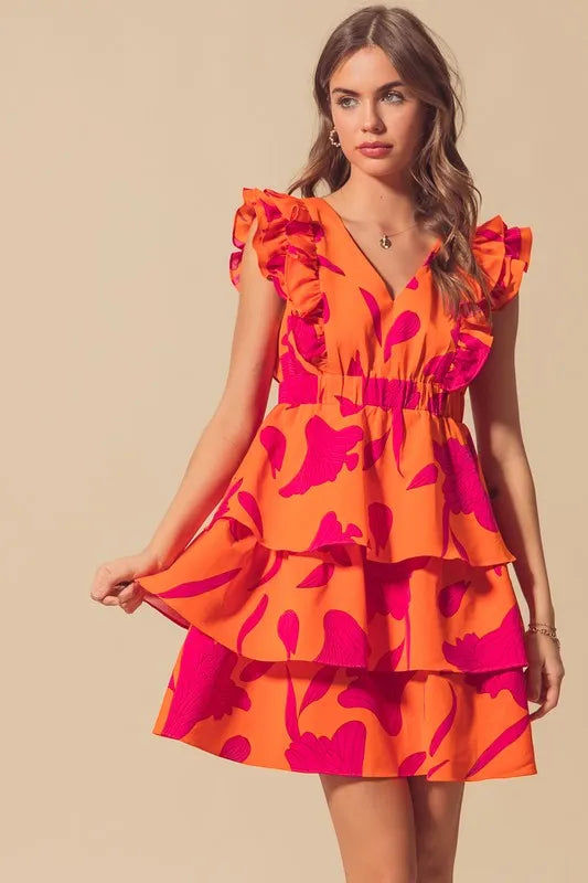 Stylish Orange Layered Resort Dress with Elastic Waist - Perfect for Beach Vacations, Summer Parties & Tropical Getaways