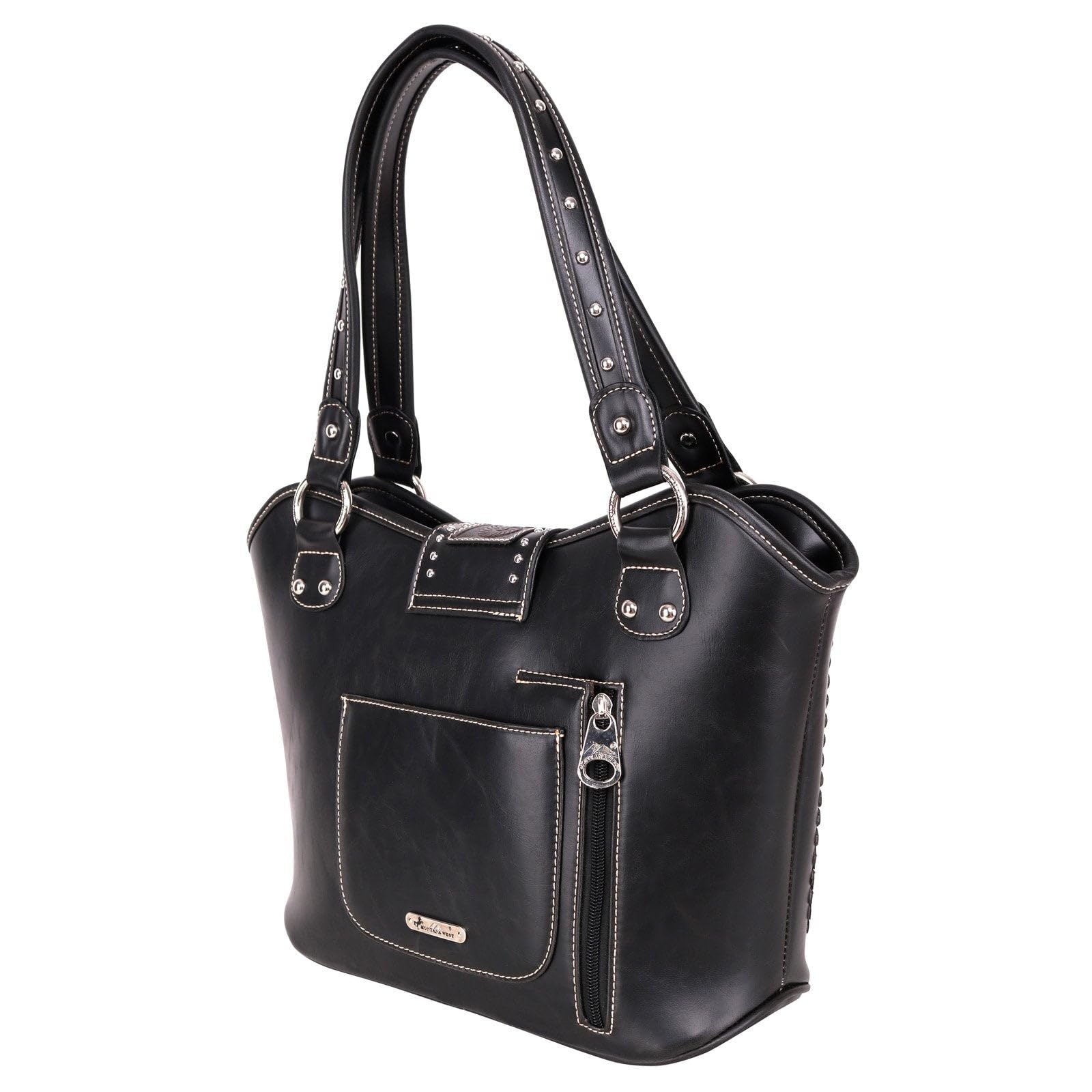 Montana West Concealed Carry Tooled Leather Shoulder Purse - Gun Concealment Bag with Matching Wallet for Women & Men (Black) | Perfect for Everyday Carry, Travel, and Outdoor Activities