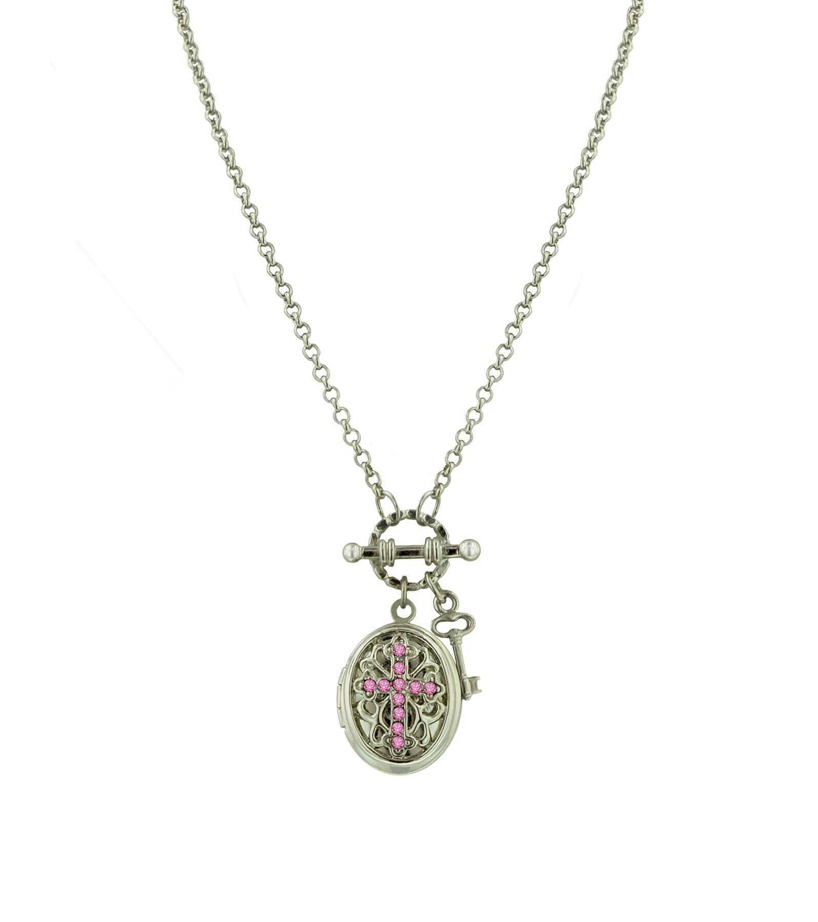 1928 Birthstone Cross Locket Necklace - Personalized Sterling Silver Pendant with 24