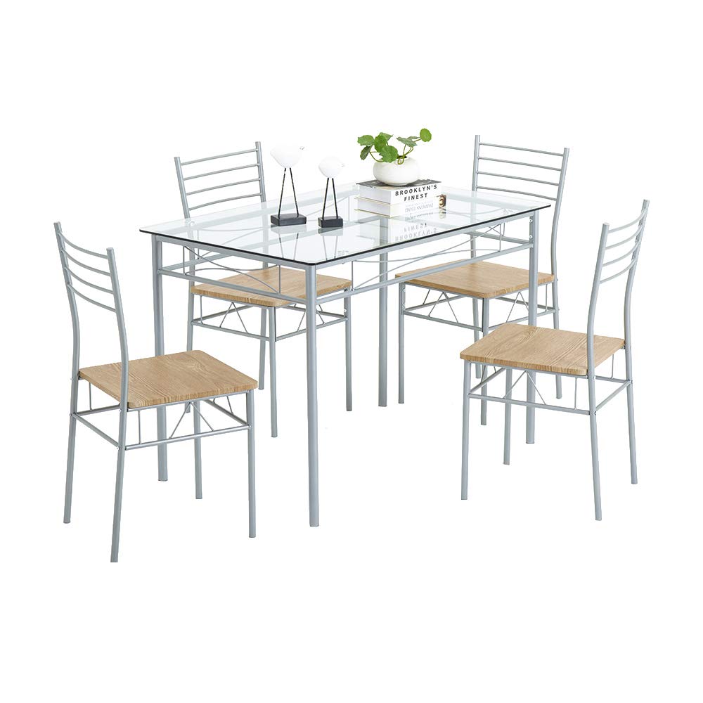 SSLine 5-Piece Modern Dining Set with Tempered Glass Table & 4 PU Leather Chairs - Contemporary Silver Kitchen & Living Room Furniture for Family Gatherings & Dinner Parties