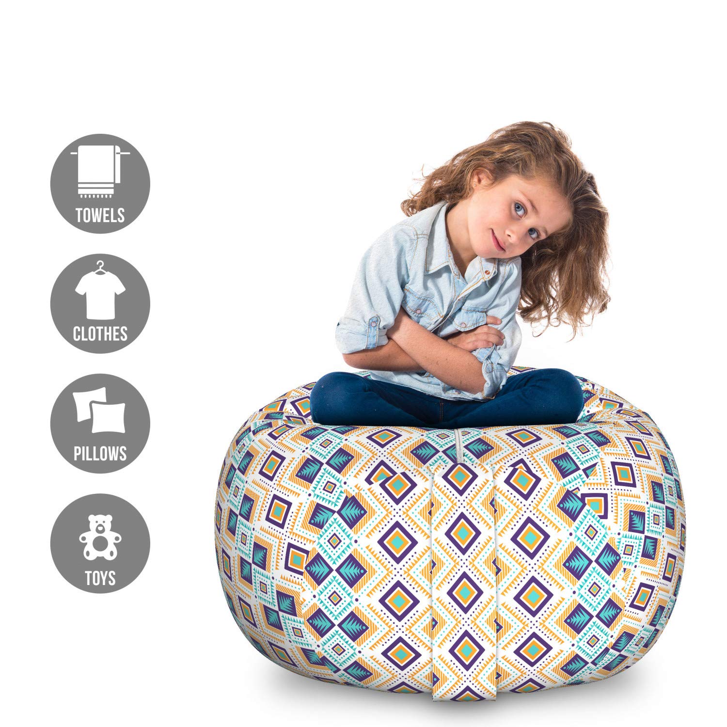 Ambesonne Abstract Pattern Toy Storage Bag Chair - Large Washable Stuffed Animal Organizer with Stylish Ornament Design in Orange & Turquoise - Perfect for Kids' Room, Playroom & Nursery Organization