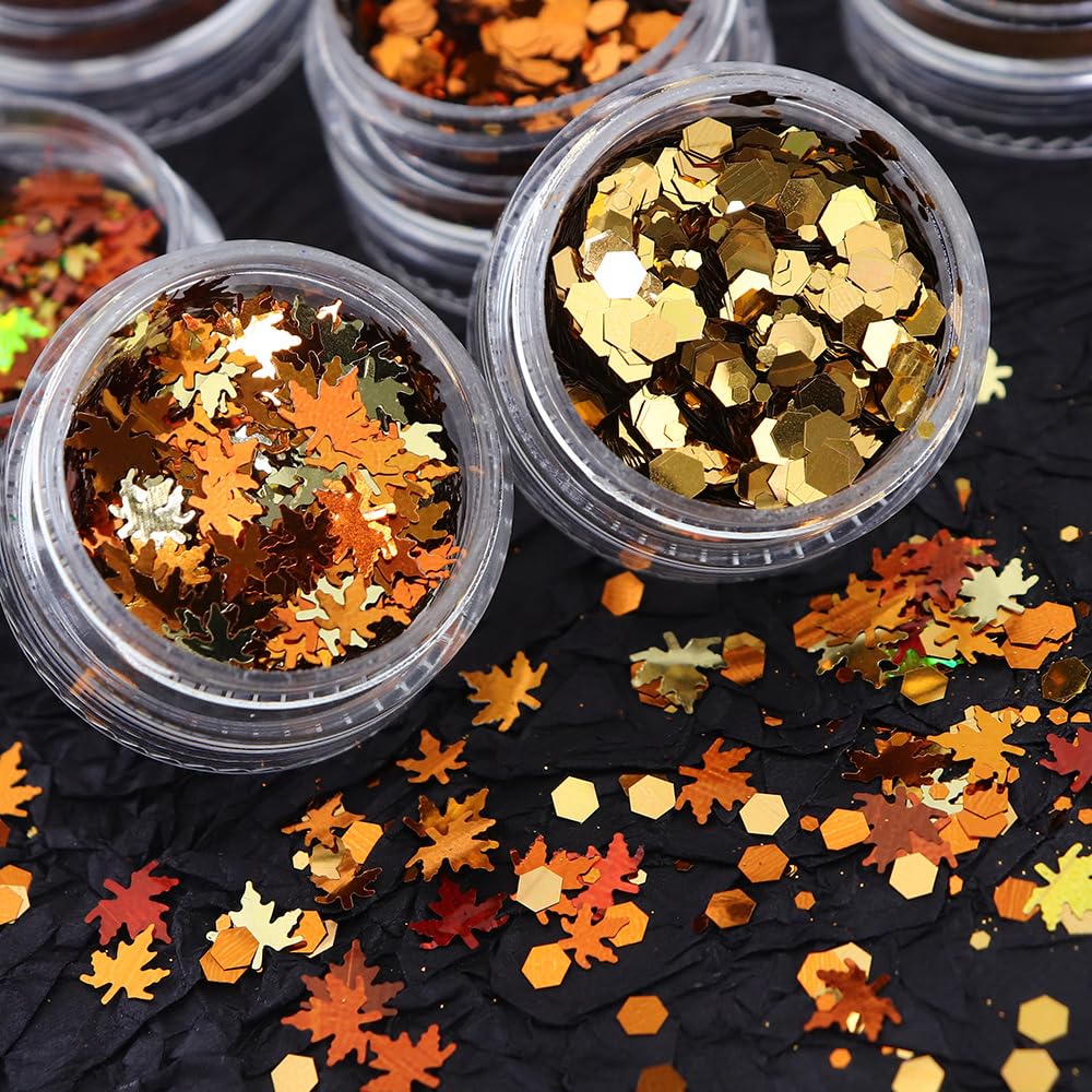 Fall Nail Art Kit - 6 Boxes 3D Gold Maple Leaf Nail Sequins with Glitter Powder in Gold, Yellow & Red | Autumn Leaves Nail Flakes for Acrylic Nails | Perfect for Thanksgiving, Halloween & Fall Nail Designs