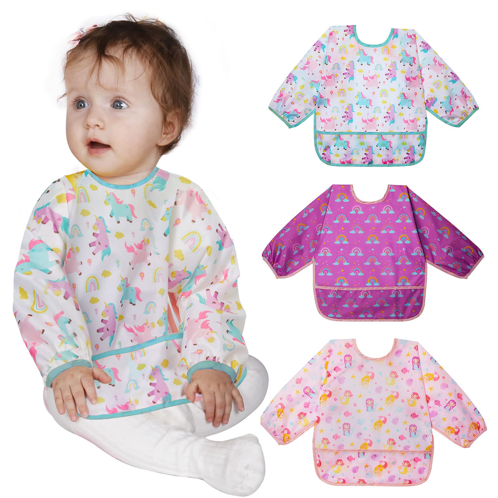 Lictin 3 Pack Baby Bibs for Boys & Girls - Waterproof Long Sleeve Toddler Bibs with Cute Designs - Perfect for Feeding, Mealtime & Messy Play
