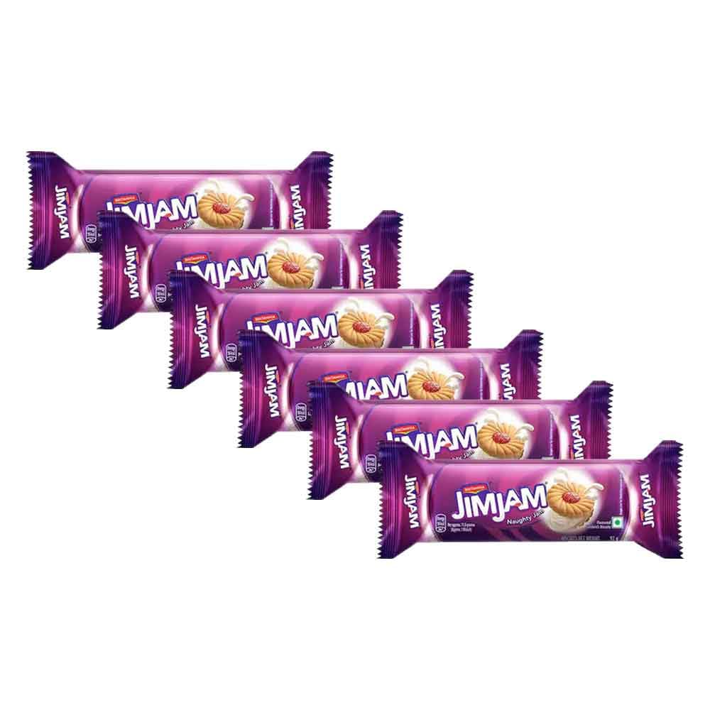 Britannia Treat Naughty Jim Jam Sandwich Biscuits 3.24oz (92g) - Pack of 6 - Delicious Grocery Cookies for Breakfast, Tea Time & Snacking - Perfect for Office, School Lunchboxes & Family Gatherings