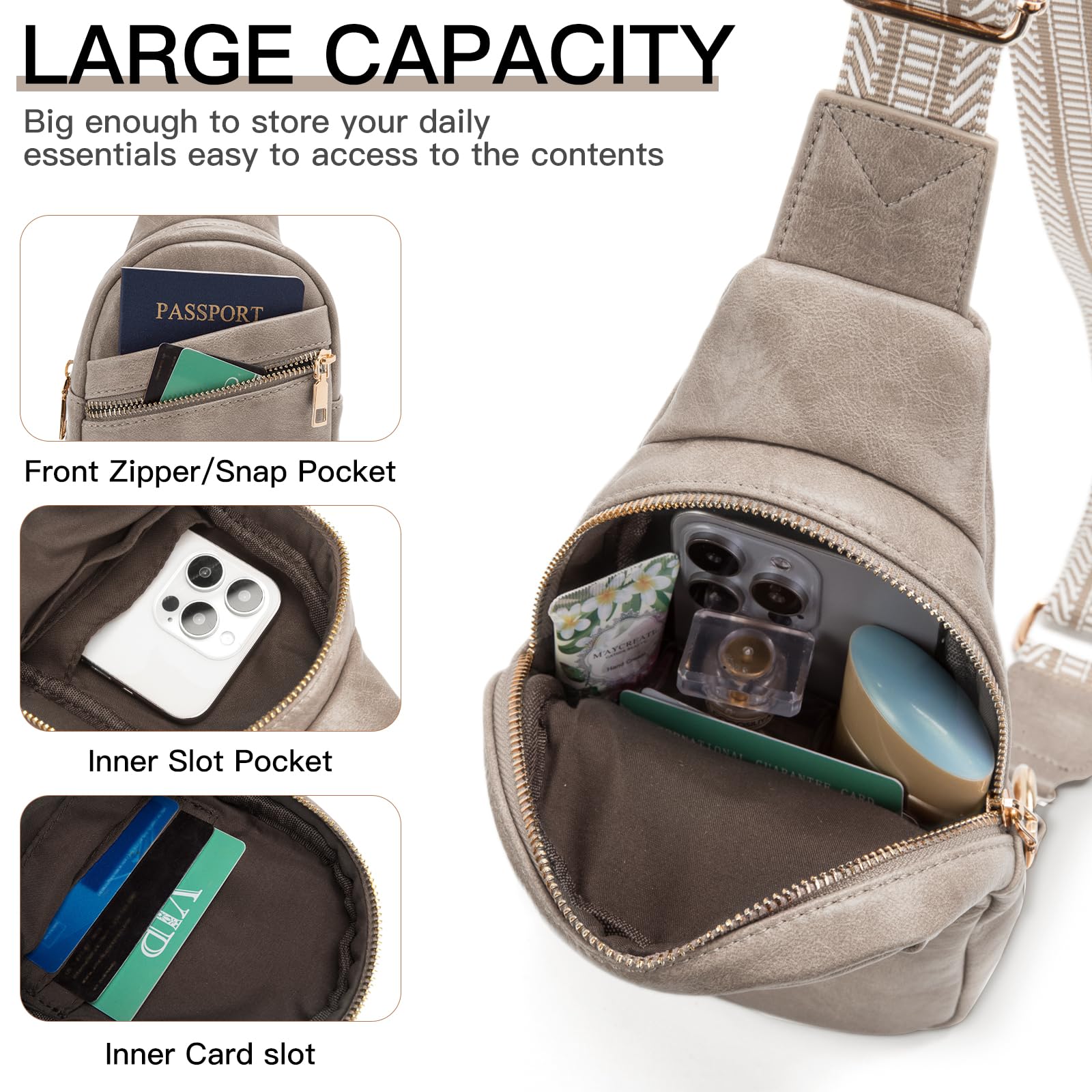 Vegan Leather Crossbody Sling Bag for Women - Small Chest Bag Purse, Fanny Pack for Running, Travel & Everyday Use