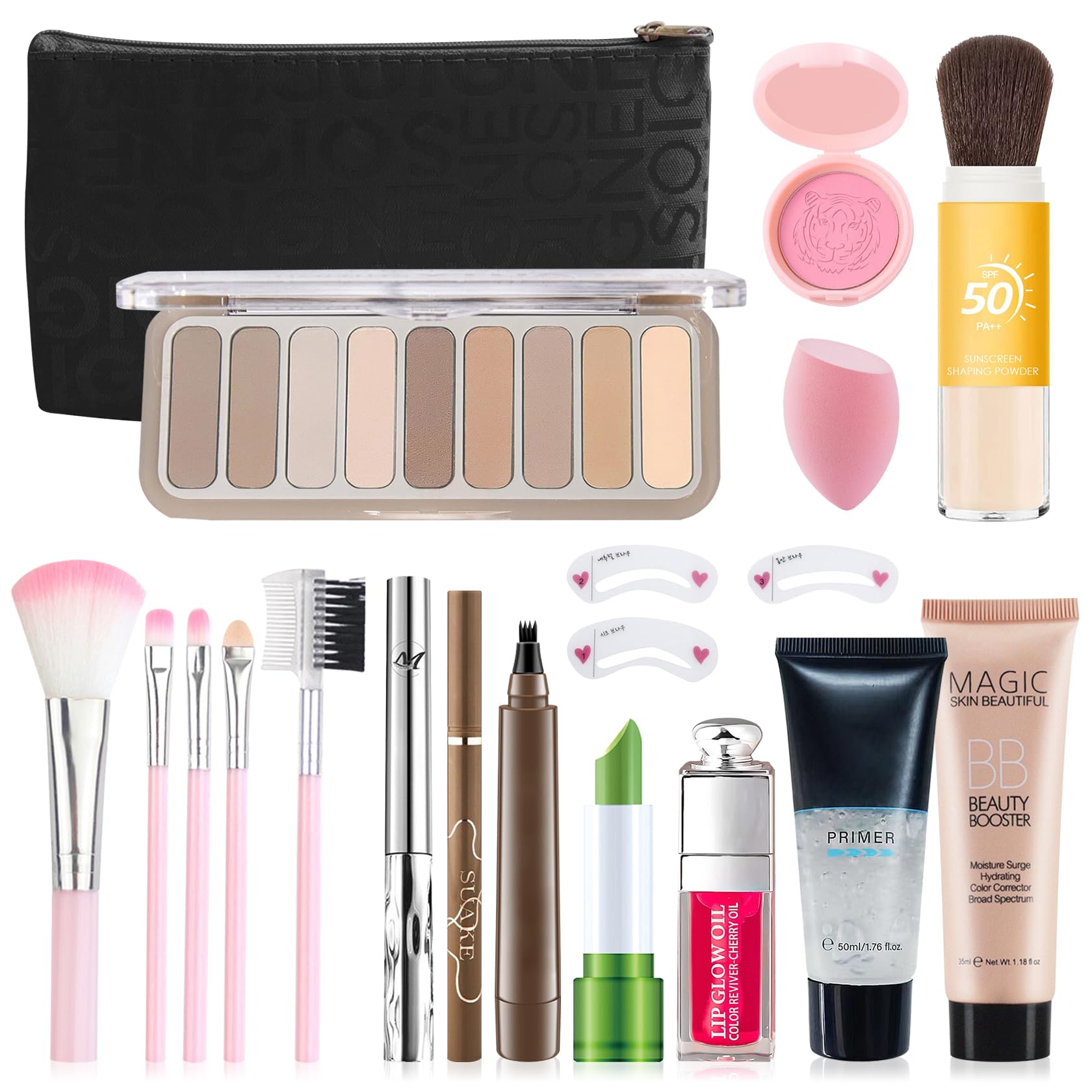 All-in-One Makeup Kit for Women - 14 Piece Cosmetic Gift Set with Eyeshadow Palette, Blush, Loose Powder, BB Cream, Primer, Eyebrow Pencil, Mascara, Eyeliner, Lipstick, Lip Oil, Makeup Sponge & Brush | Perfect for Travel, Bridal Makeup & Everyday Beauty Essentials