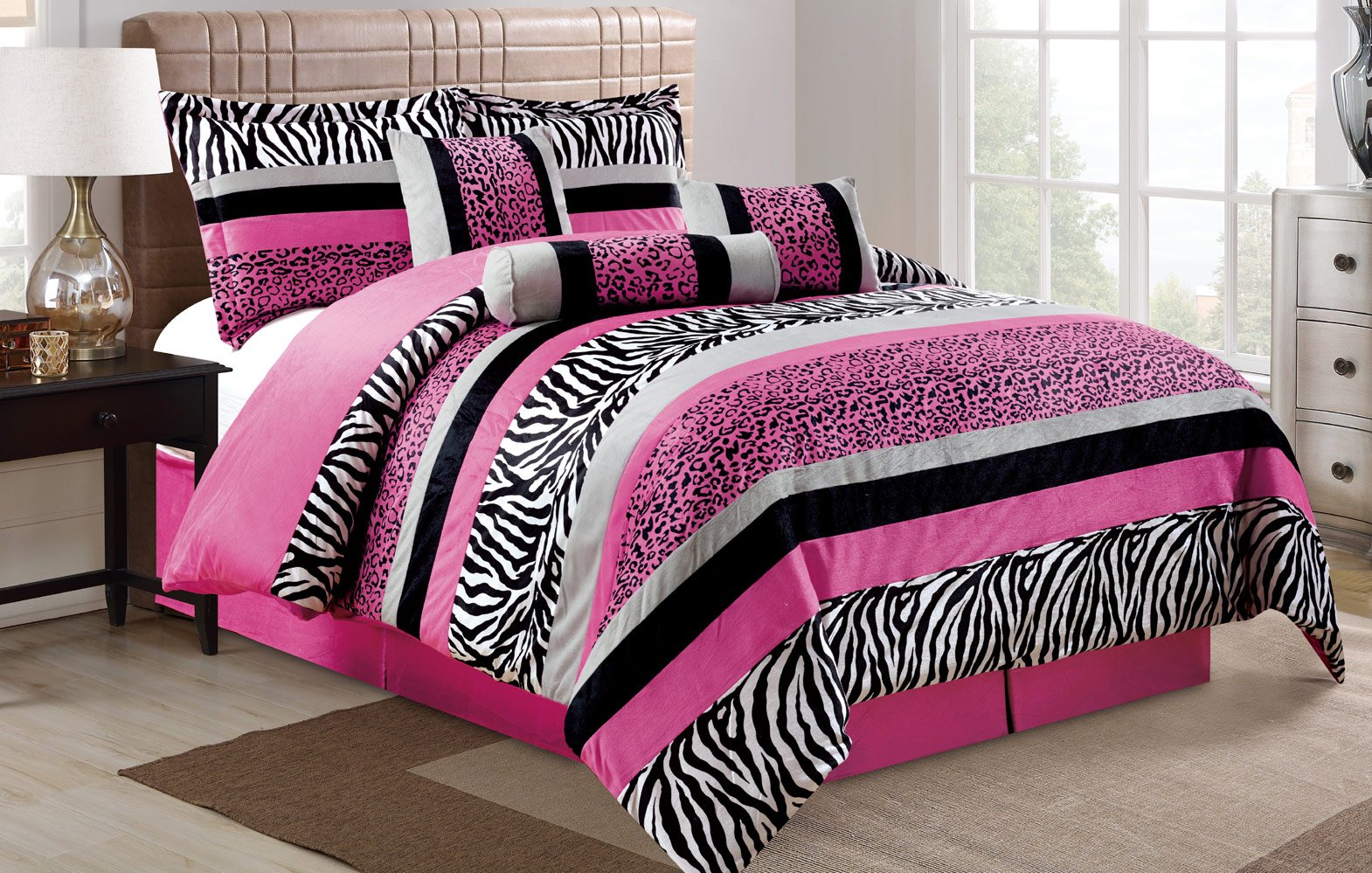 7-Piece Oversize Hot Pink Black White Zebra Leopard Print Micro Fur Comforter Set - King Size Bedding 104