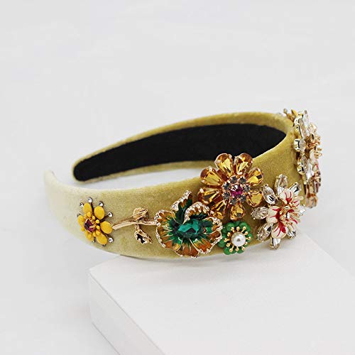 QTMY Women's Fashion Flower Pearl Crystal Headband - Wide Hair Hoop Head Accessory for Women & Girls - Elegant Yellow Headwear for Parties, Weddings & Special Occasions